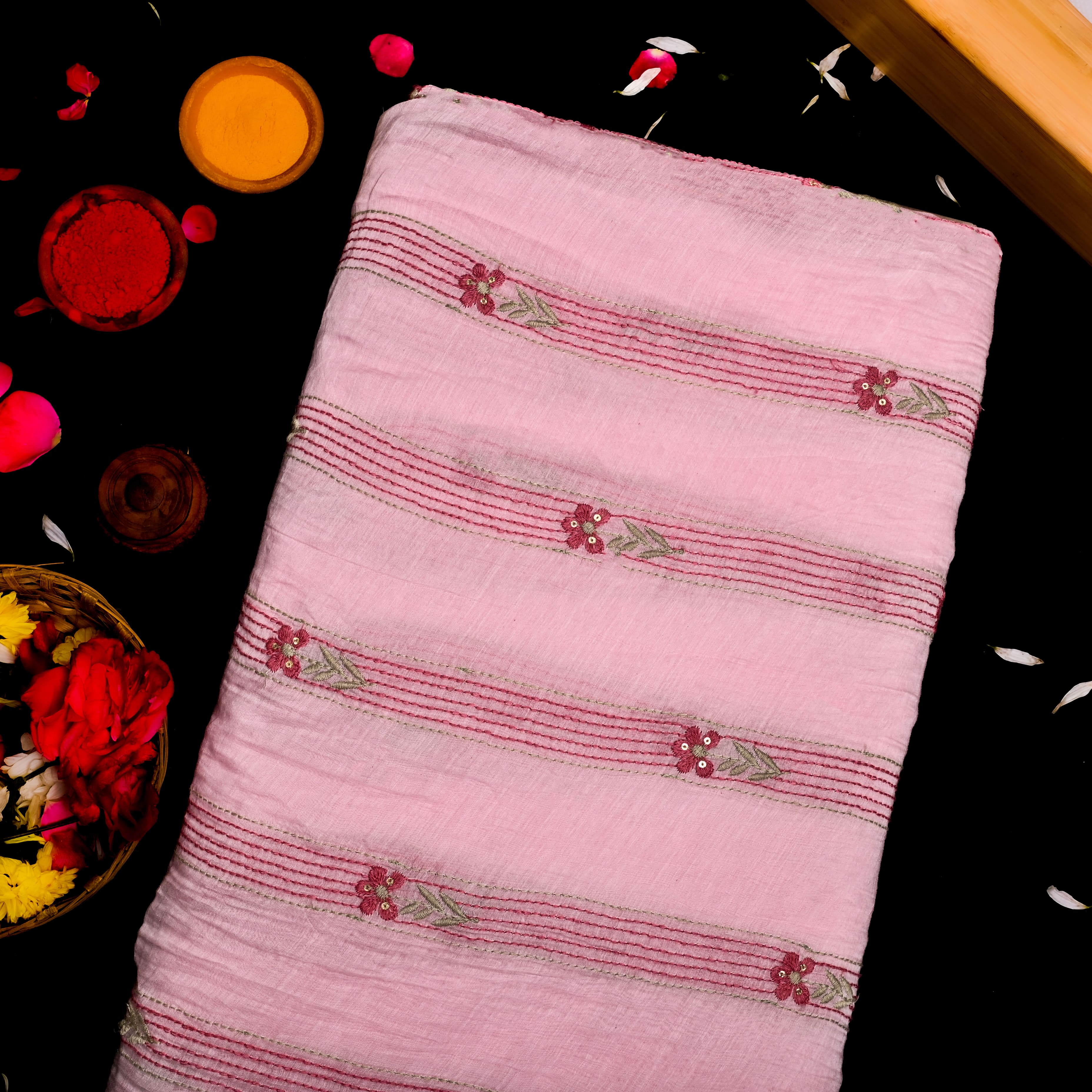 Baby Pink Chanderi Fabric With Thread Embroidery