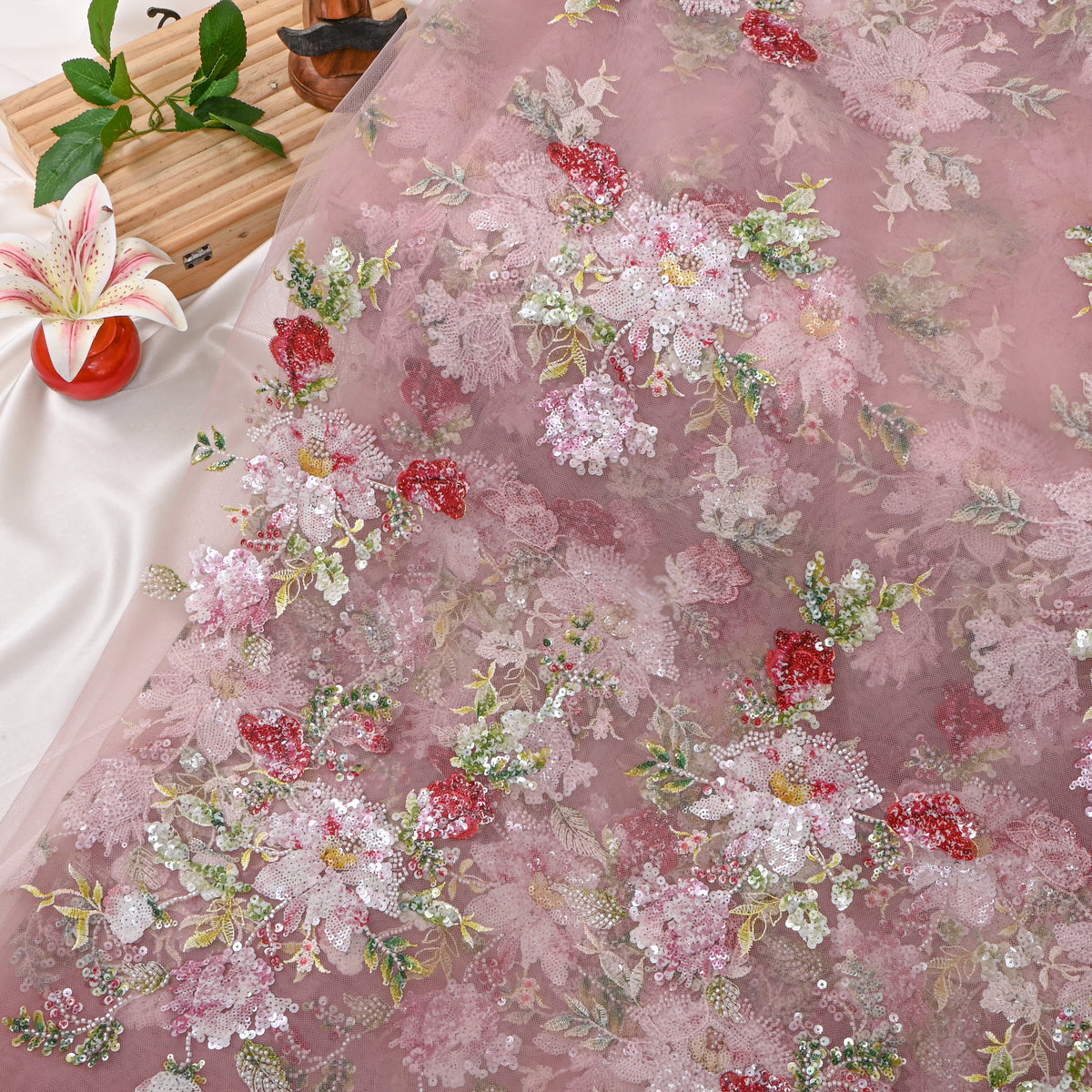 Blush Pink Multicolour Floral Sequin Net Fabric