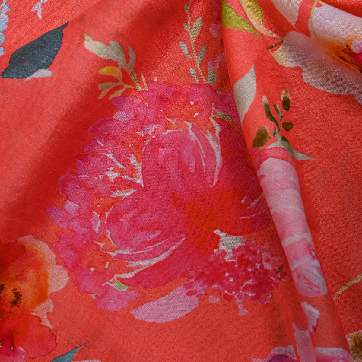 Orange Floral Print Tusser Fabric