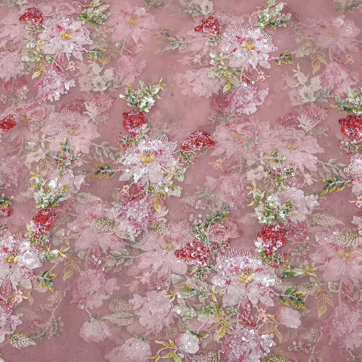Blush Pink Multicolour Floral Sequin Net Fabric