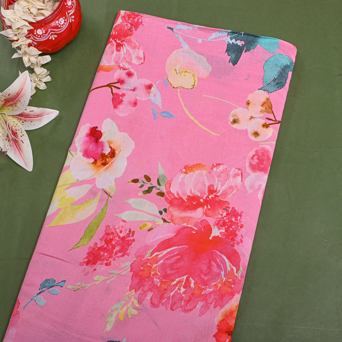 Bubblegum Pink Floral Print Tusser Fabric