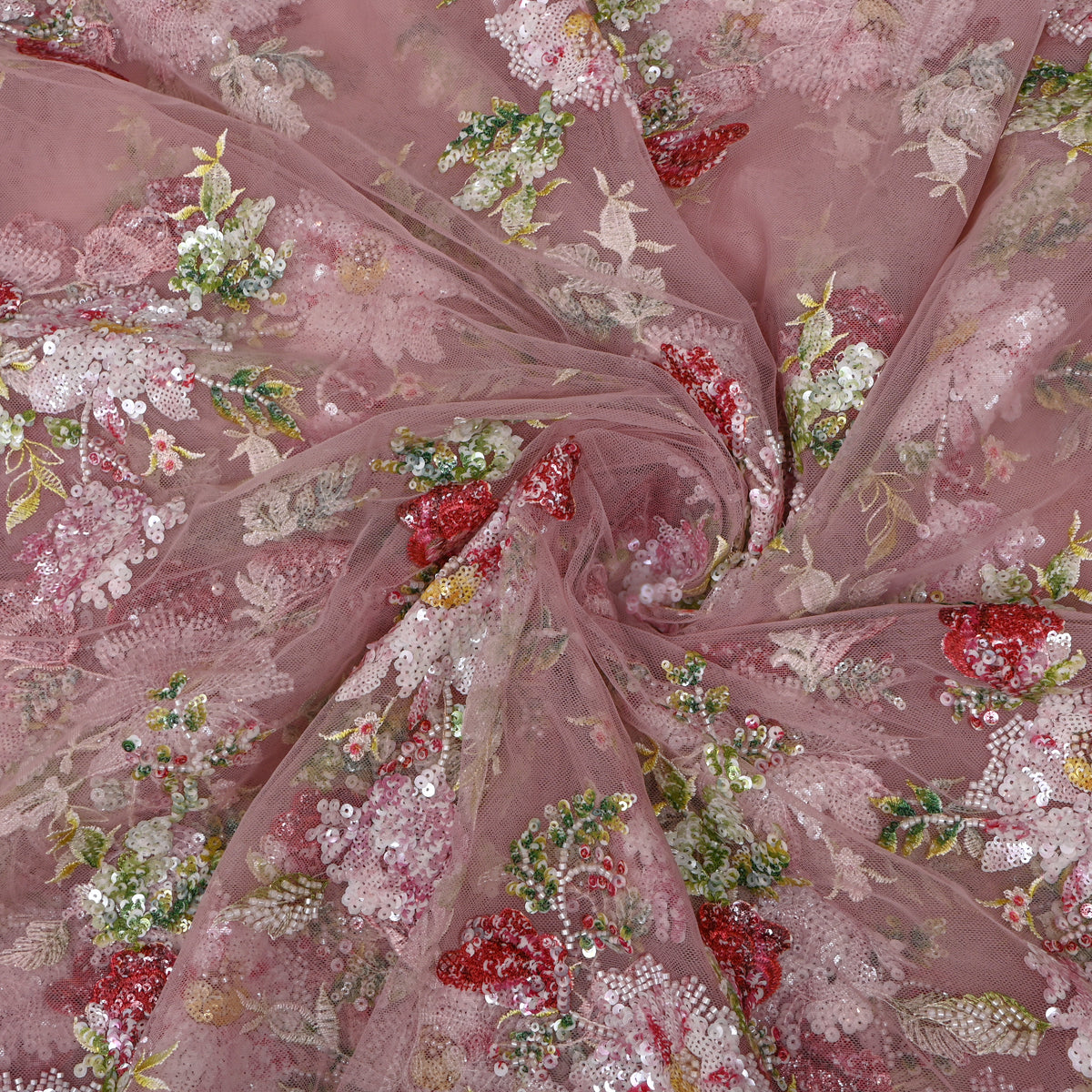 Blush Pink Multicolour Floral Sequin Net Fabric
