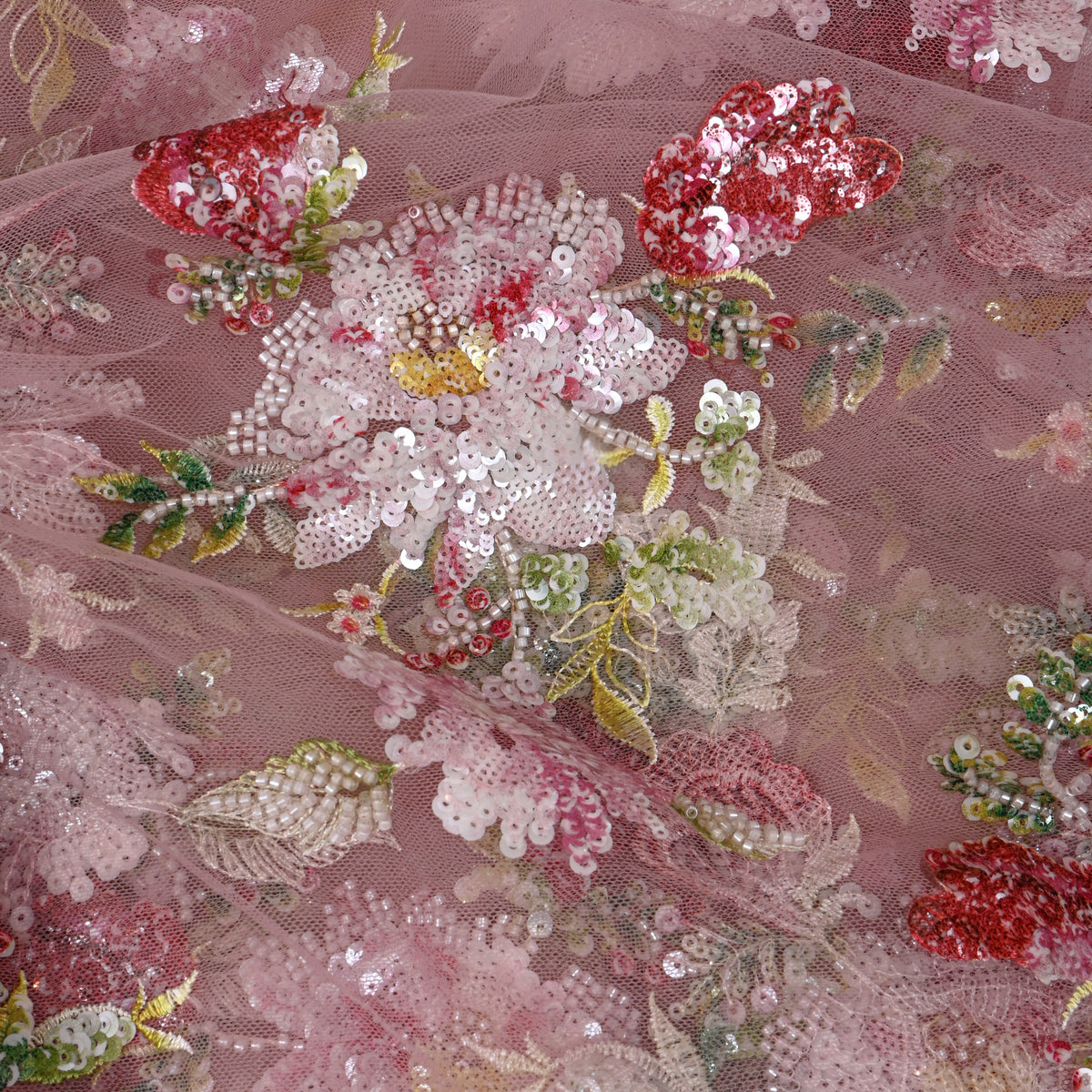Blush Pink Multicolour Floral Sequin Net Fabric