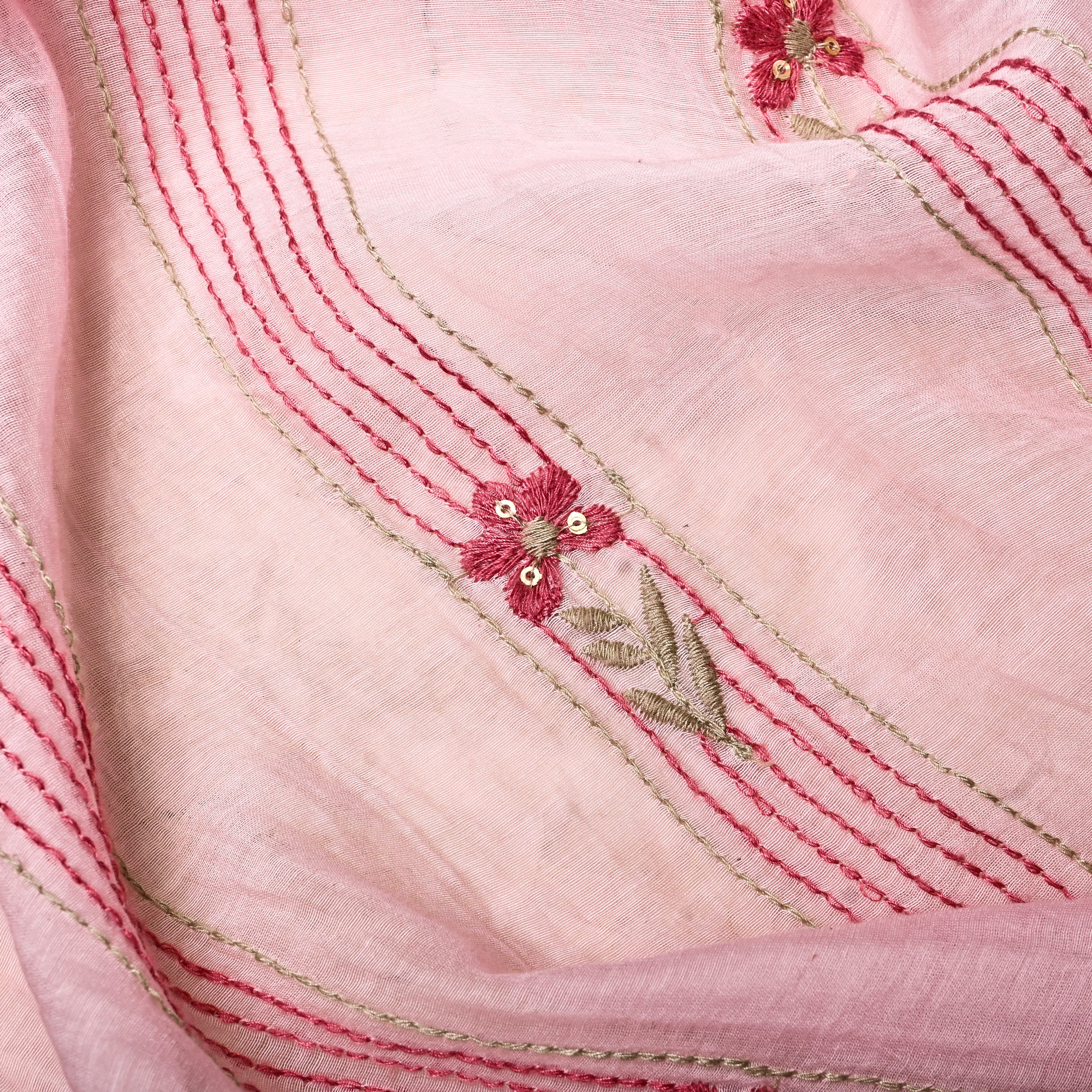Baby Pink Chanderi Fabric With Thread Embroidery
