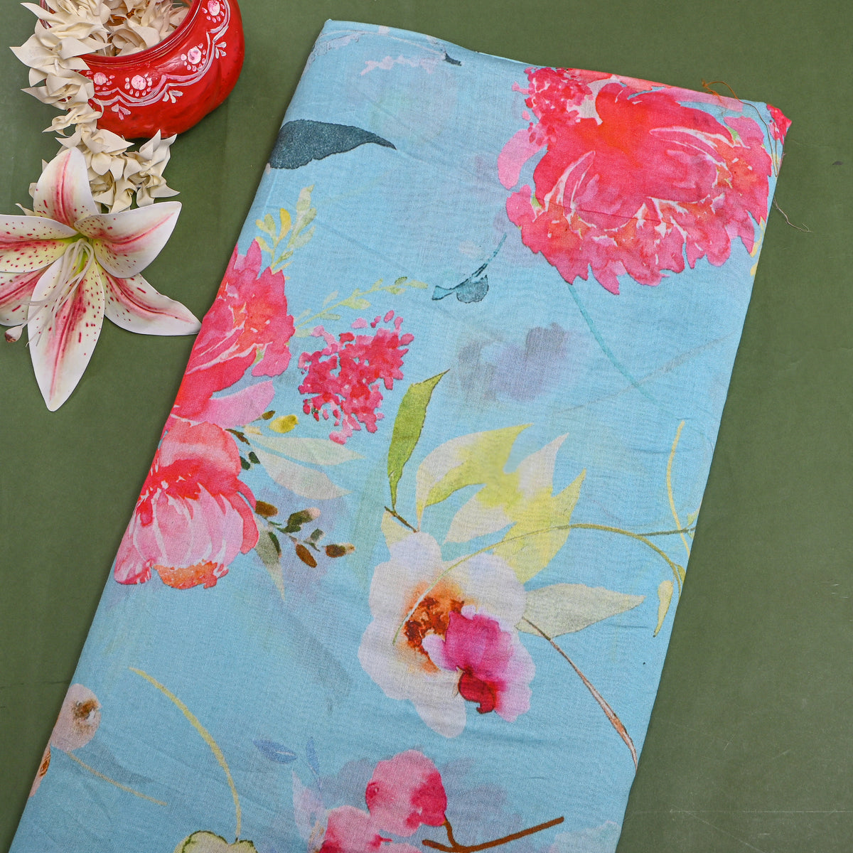 Sky Blue Floral Print Tusser Fabric