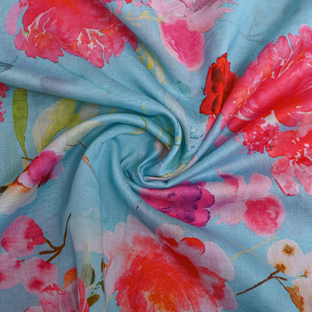 Sky Blue Floral Print Tusser Fabric
