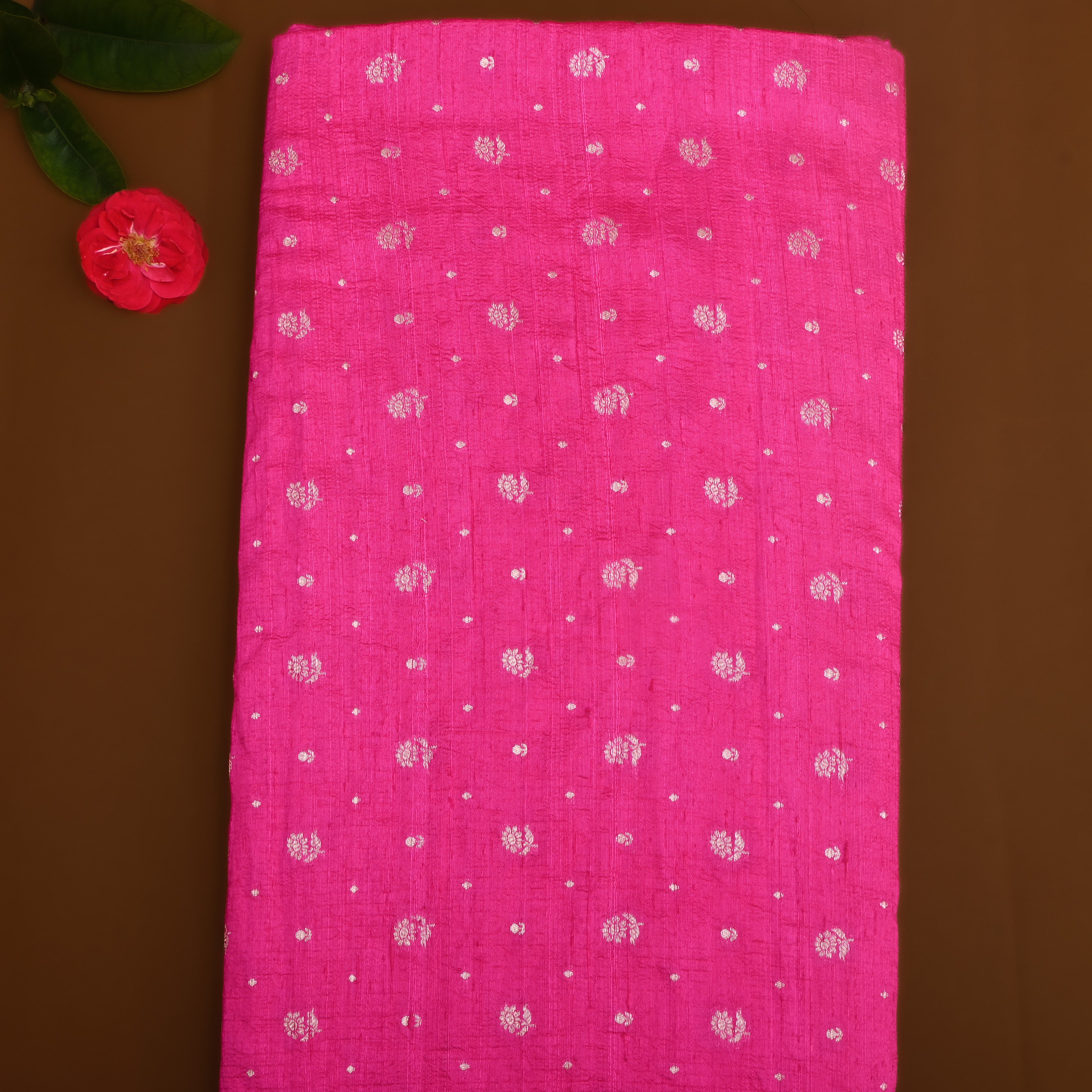 Bright Pink Floral Zari Dupion Silk Fabric