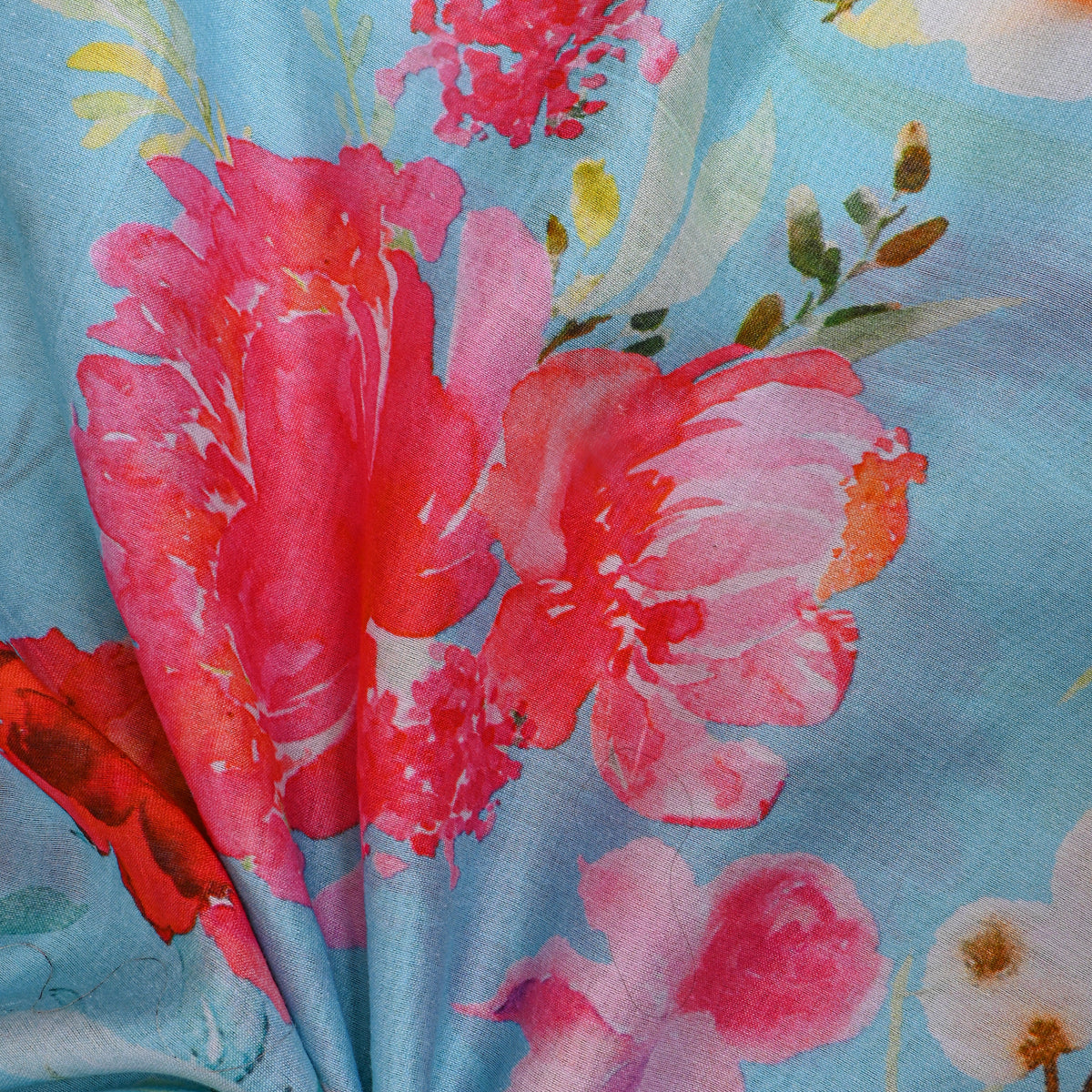 Sky Blue Floral Print Tusser Fabric