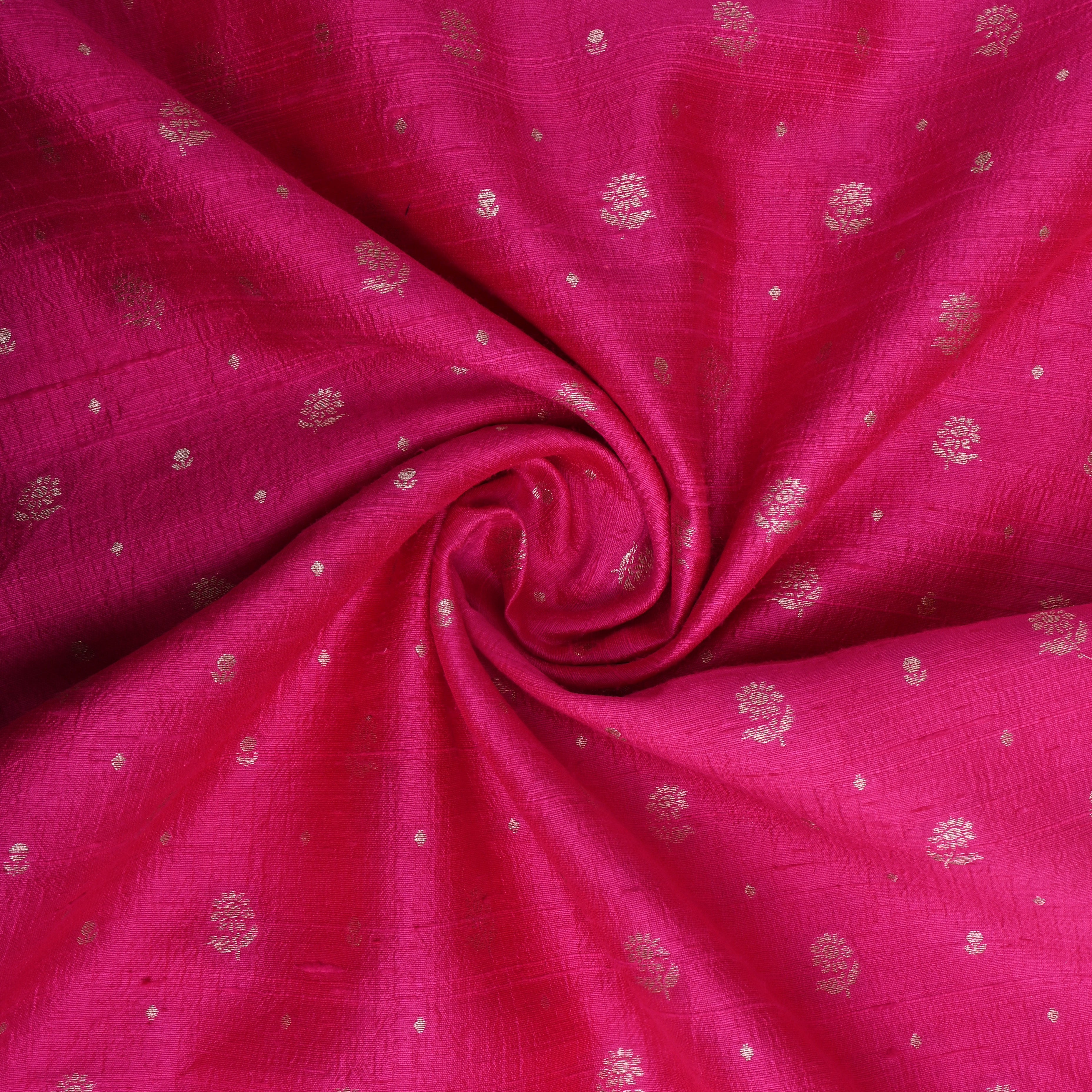 Bright Pink Floral Zari Dupion Silk Fabric