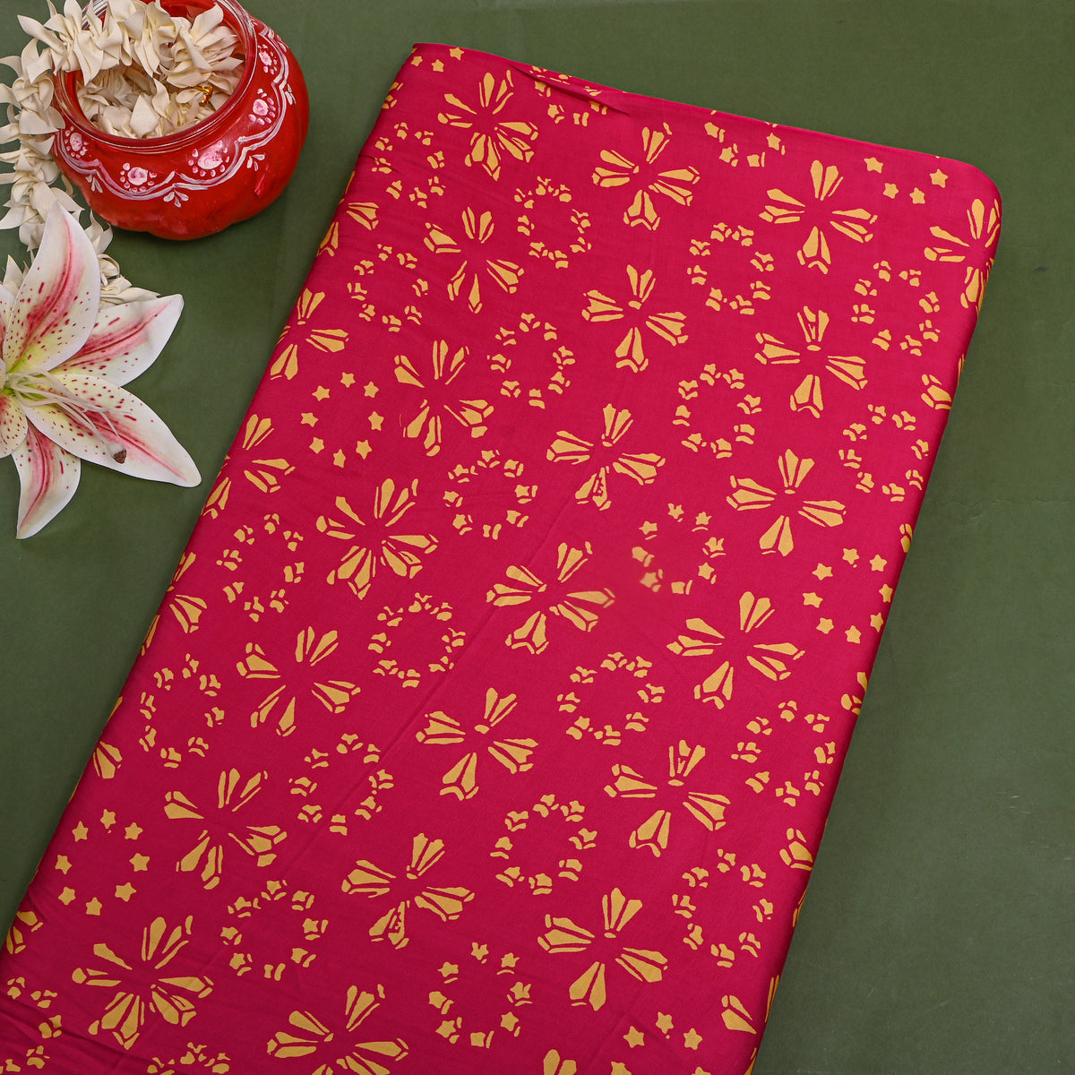 Magenta Pink Yellow Flower Digital Print Satin Fabric