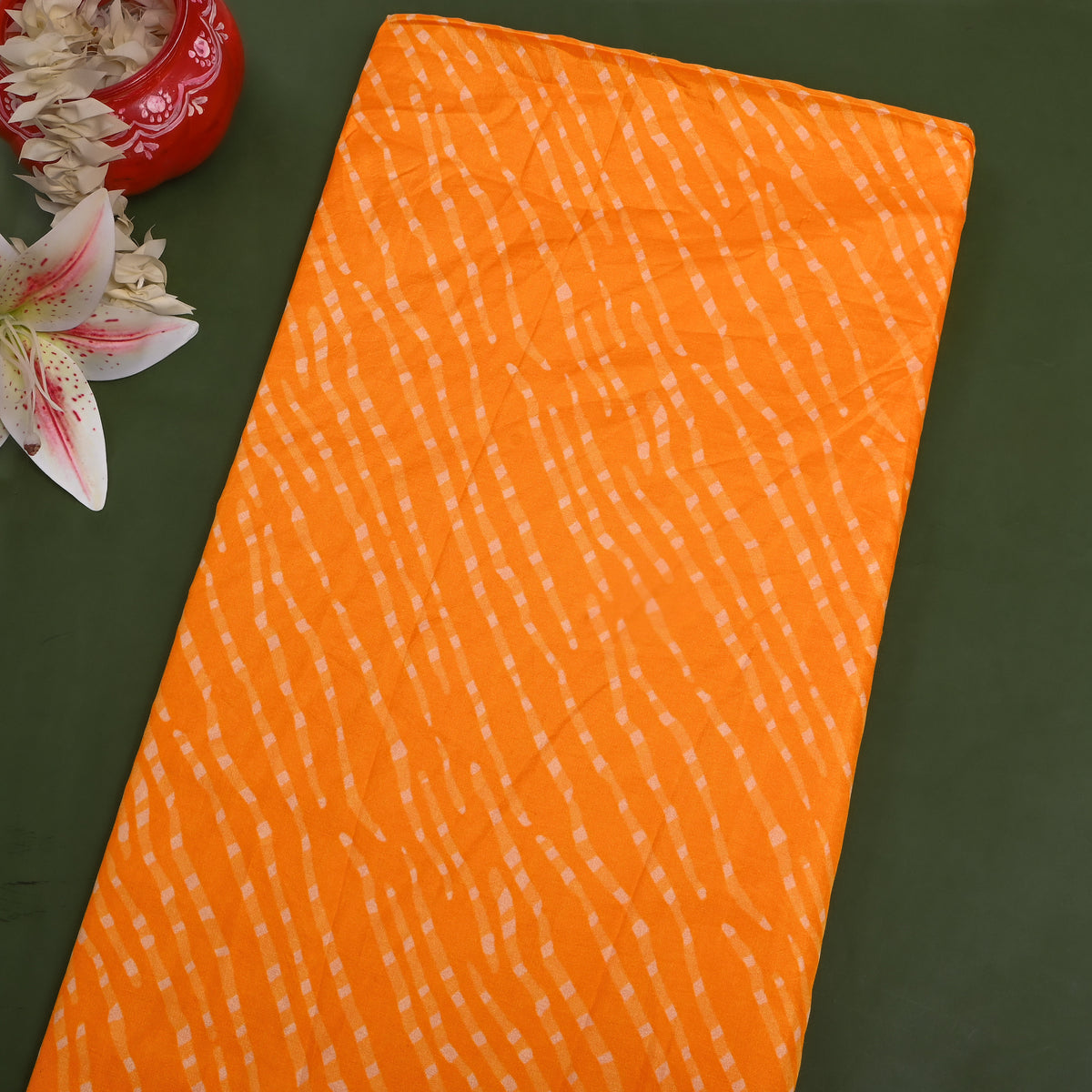 Marigold Orange Wave Stripe Digital Print Silk Fabric