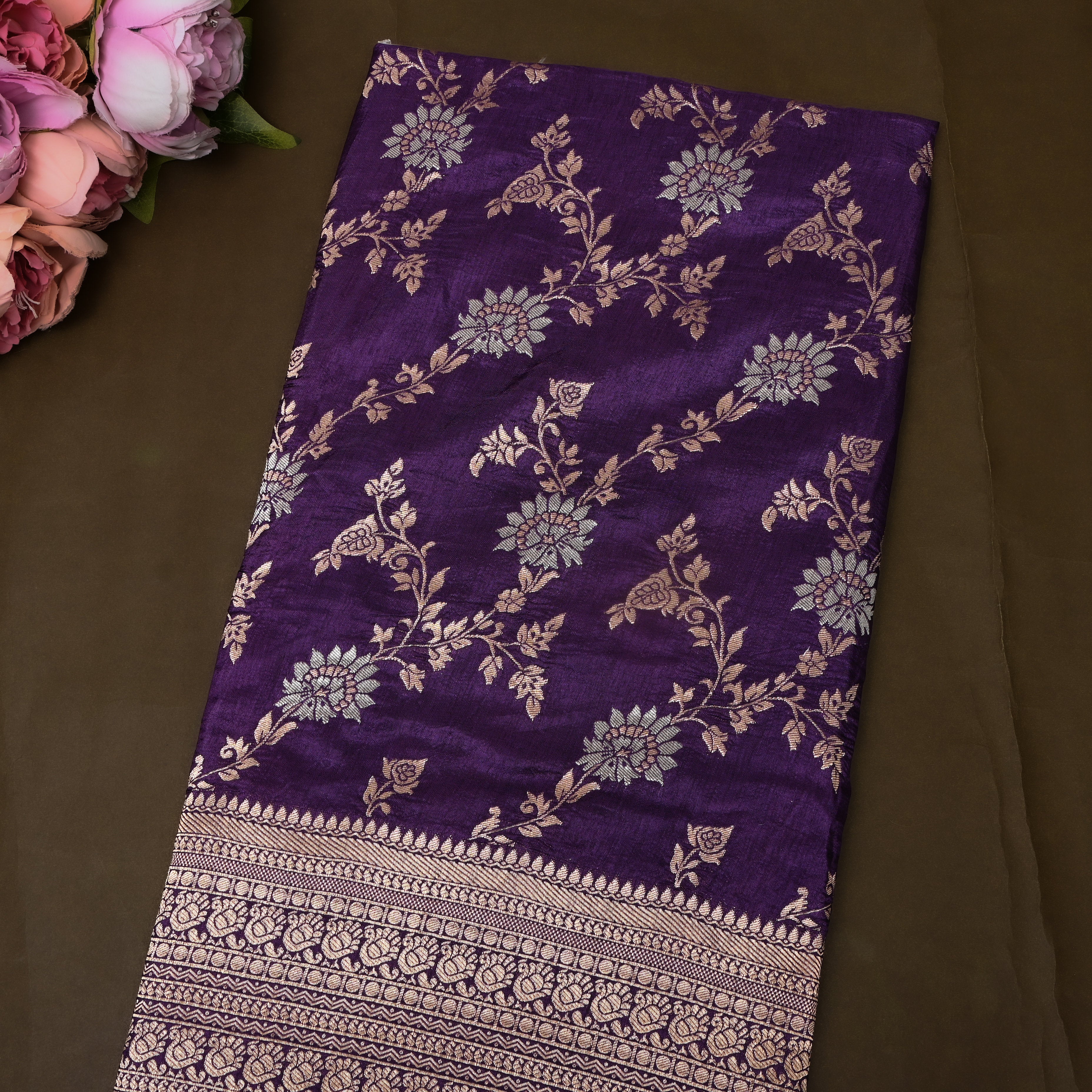 Deep Purple Jamawar Silk With Floral Vine And Woven Border