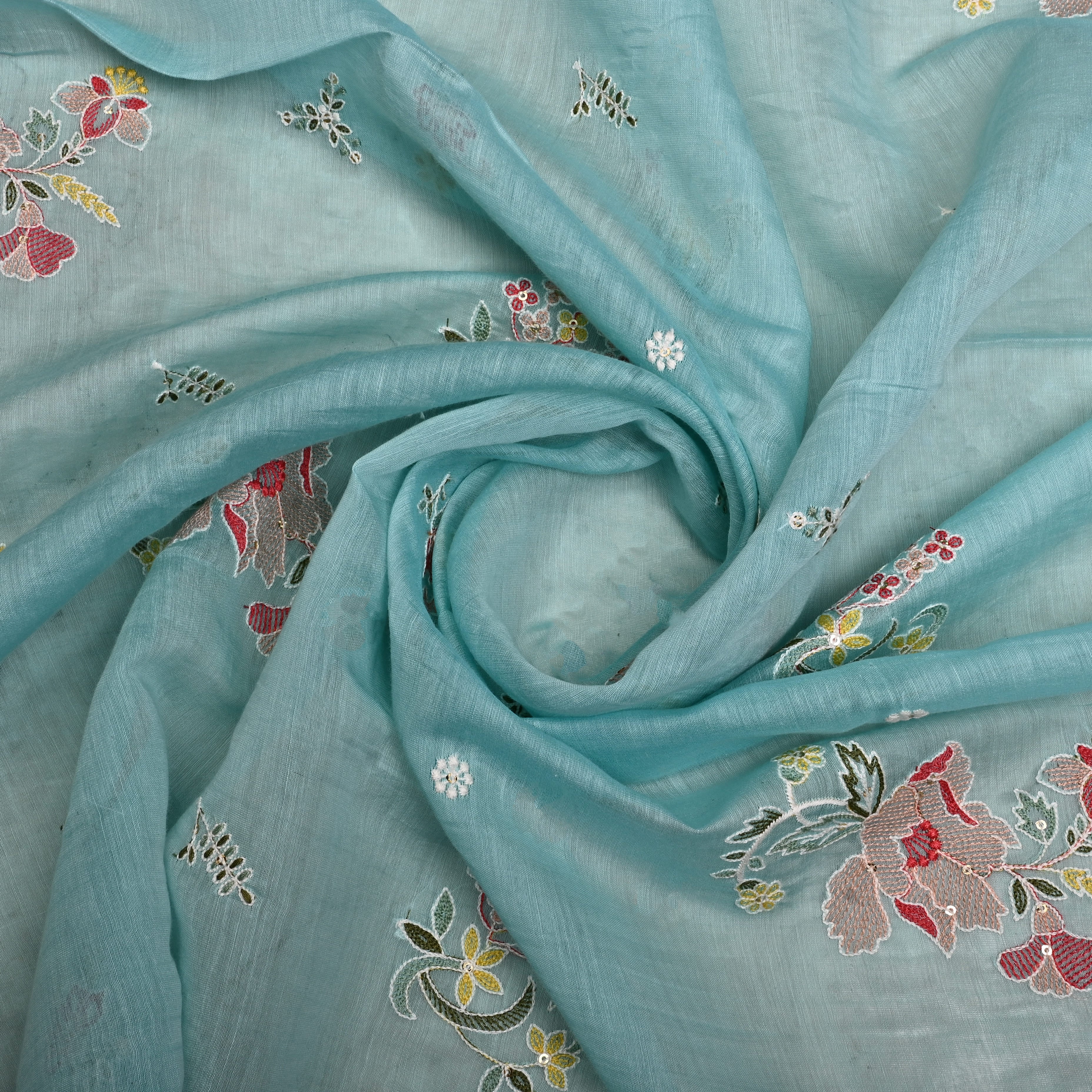Light Blue Mul Chanderi Fabric With Thread Embroidery