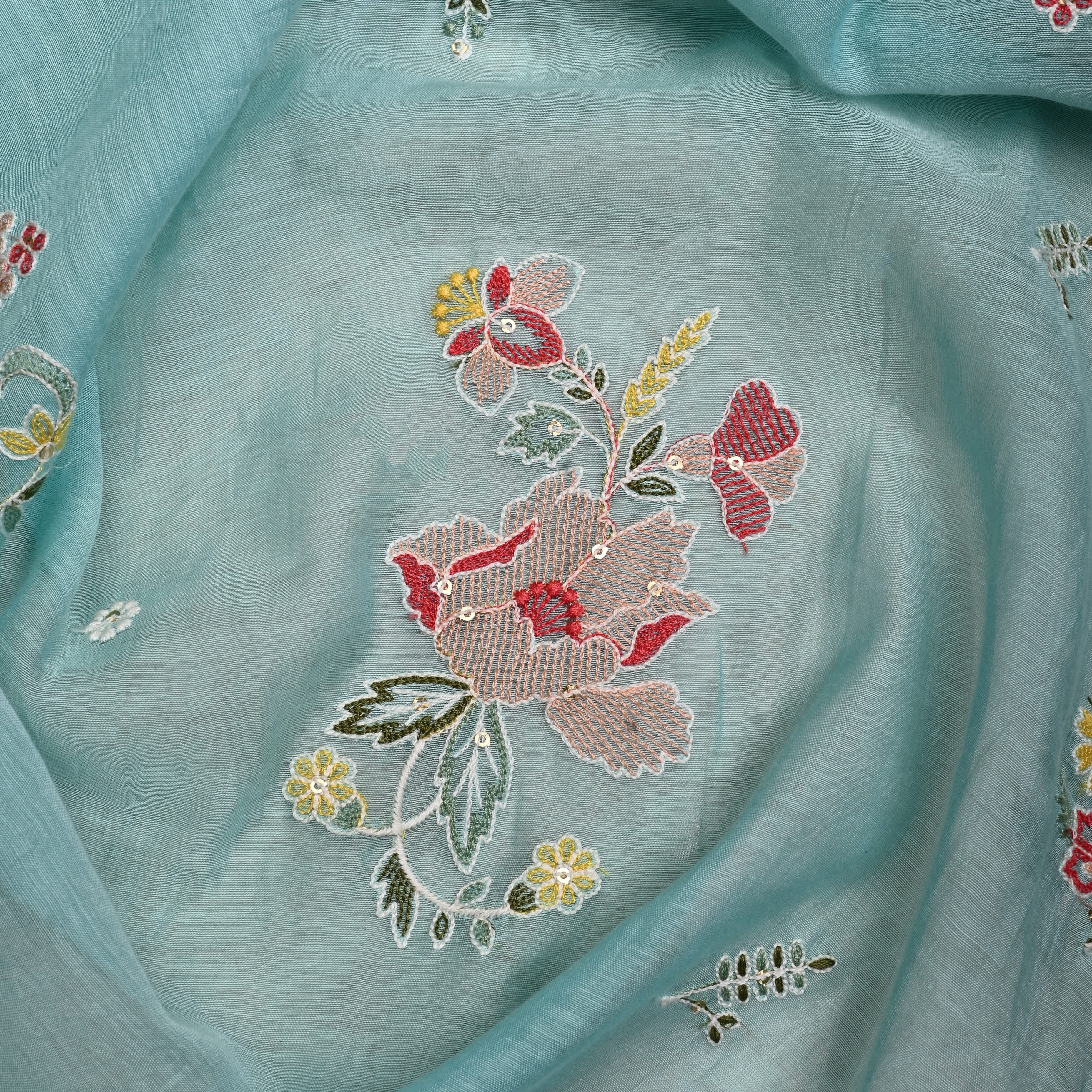 Light Blue Mul Chanderi Fabric With Thread Embroidery