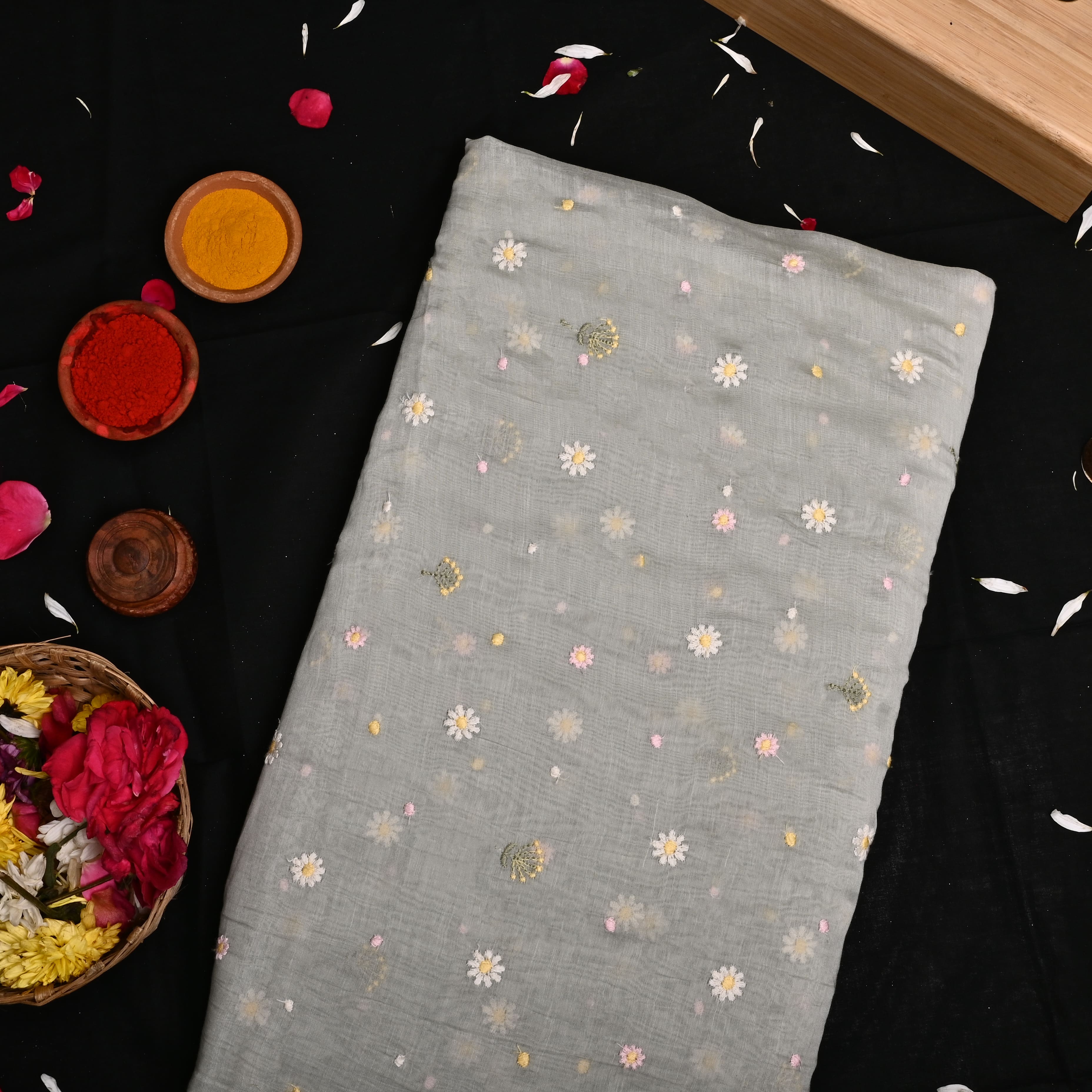 Grey Chanderi Fabric With Embroidery Butti'S
