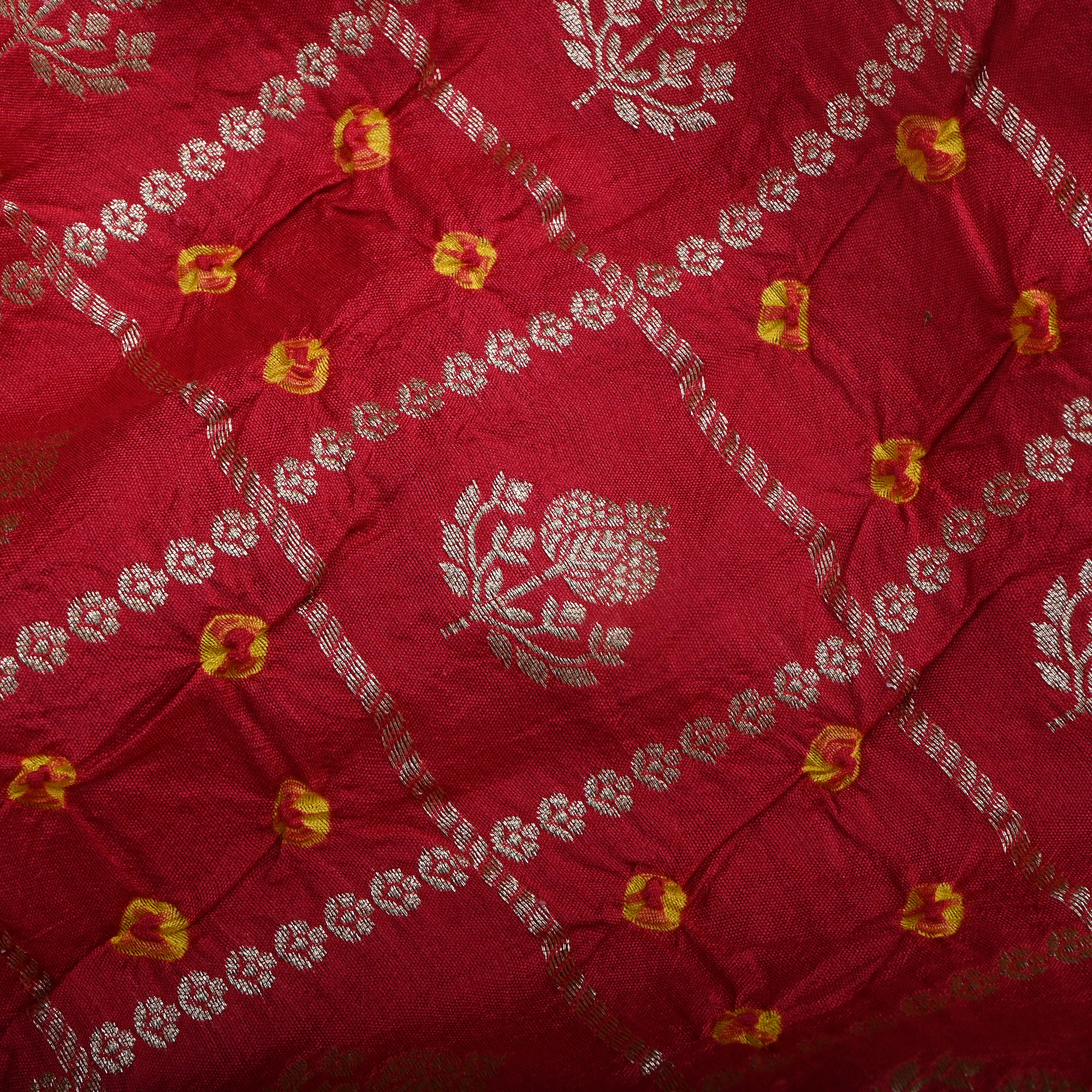Rose Red Floral Zari Silk Fabric