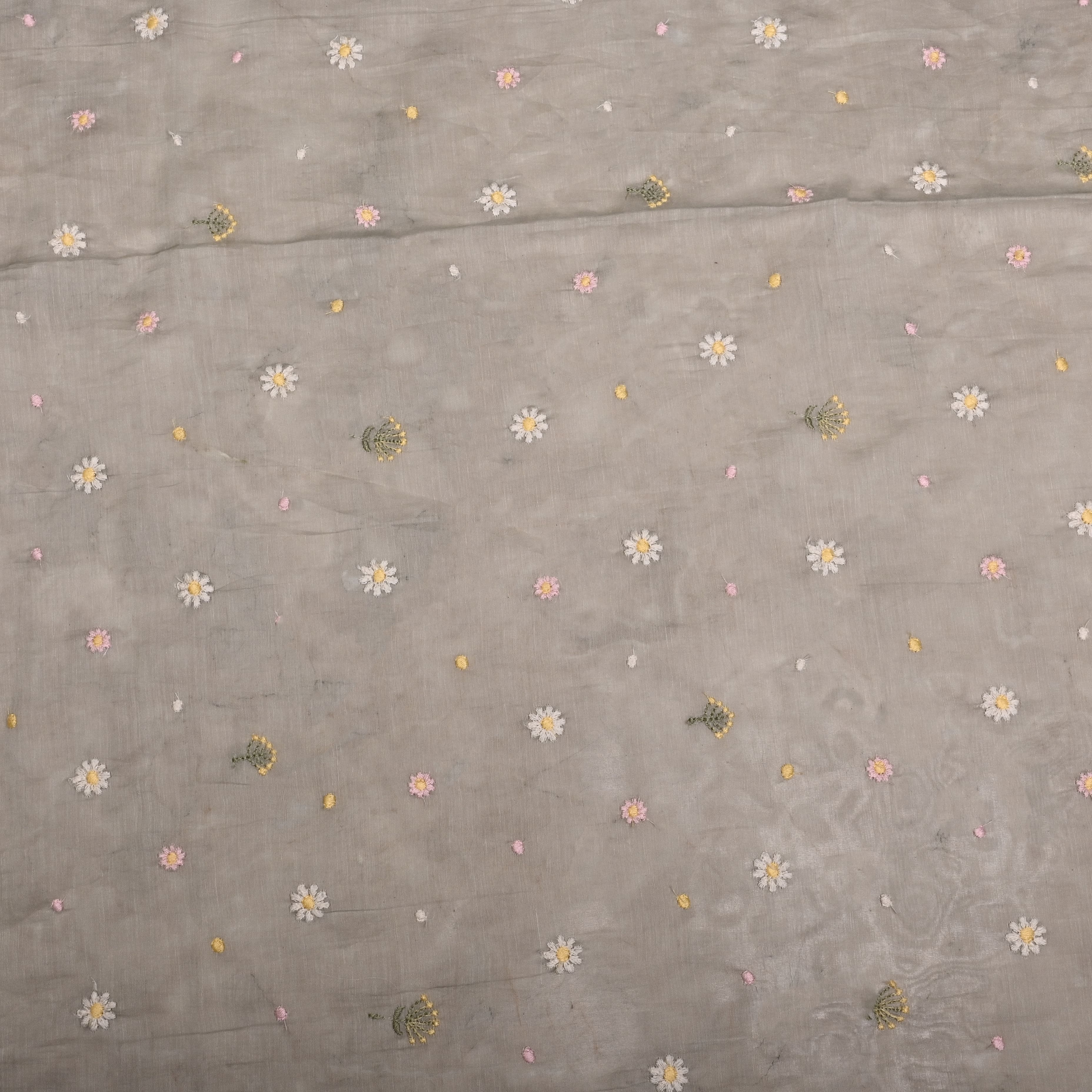 Grey Chanderi Fabric With Embroidery Butti'S