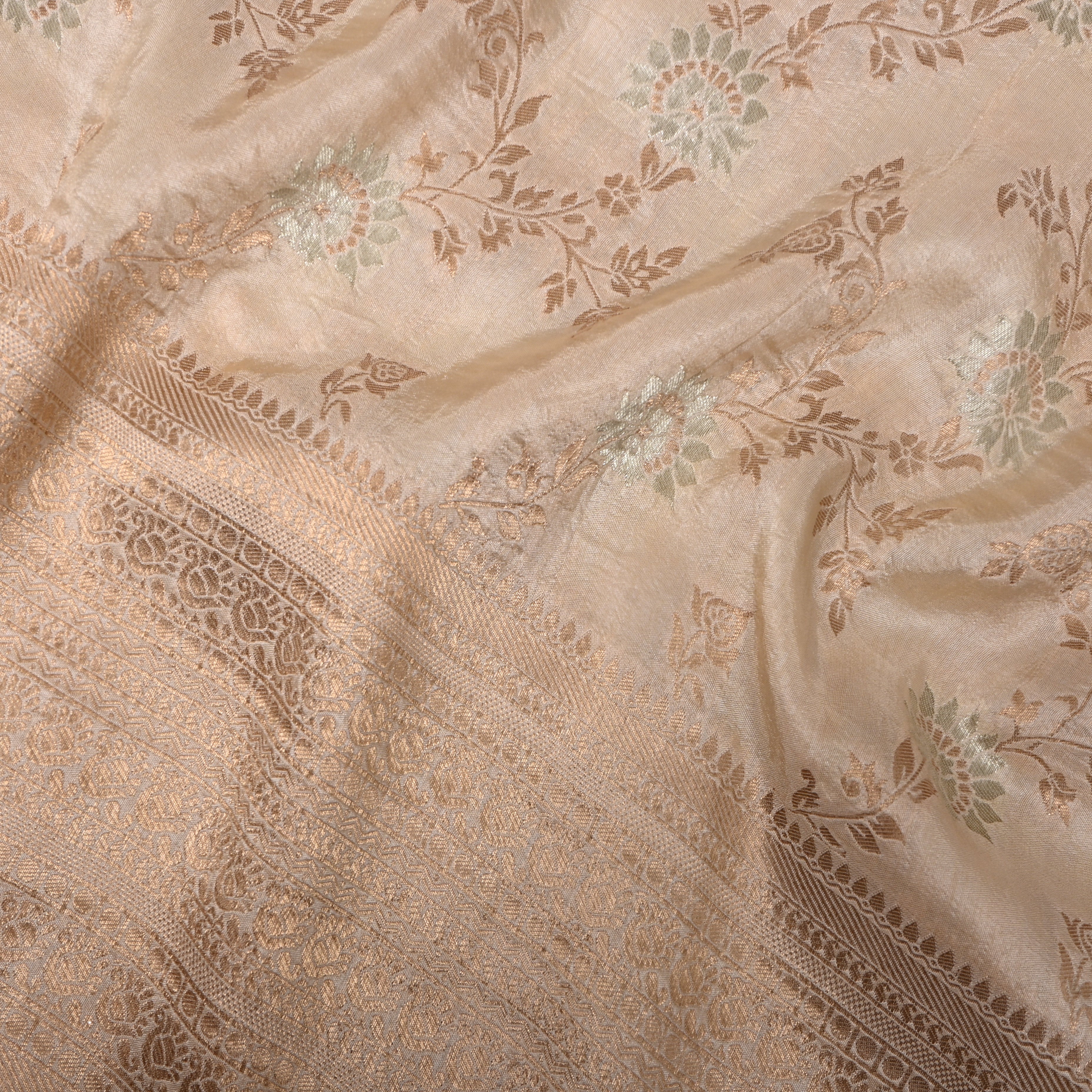 Ivory Gold Jamawar Silk With Floral Vine And Woven Border