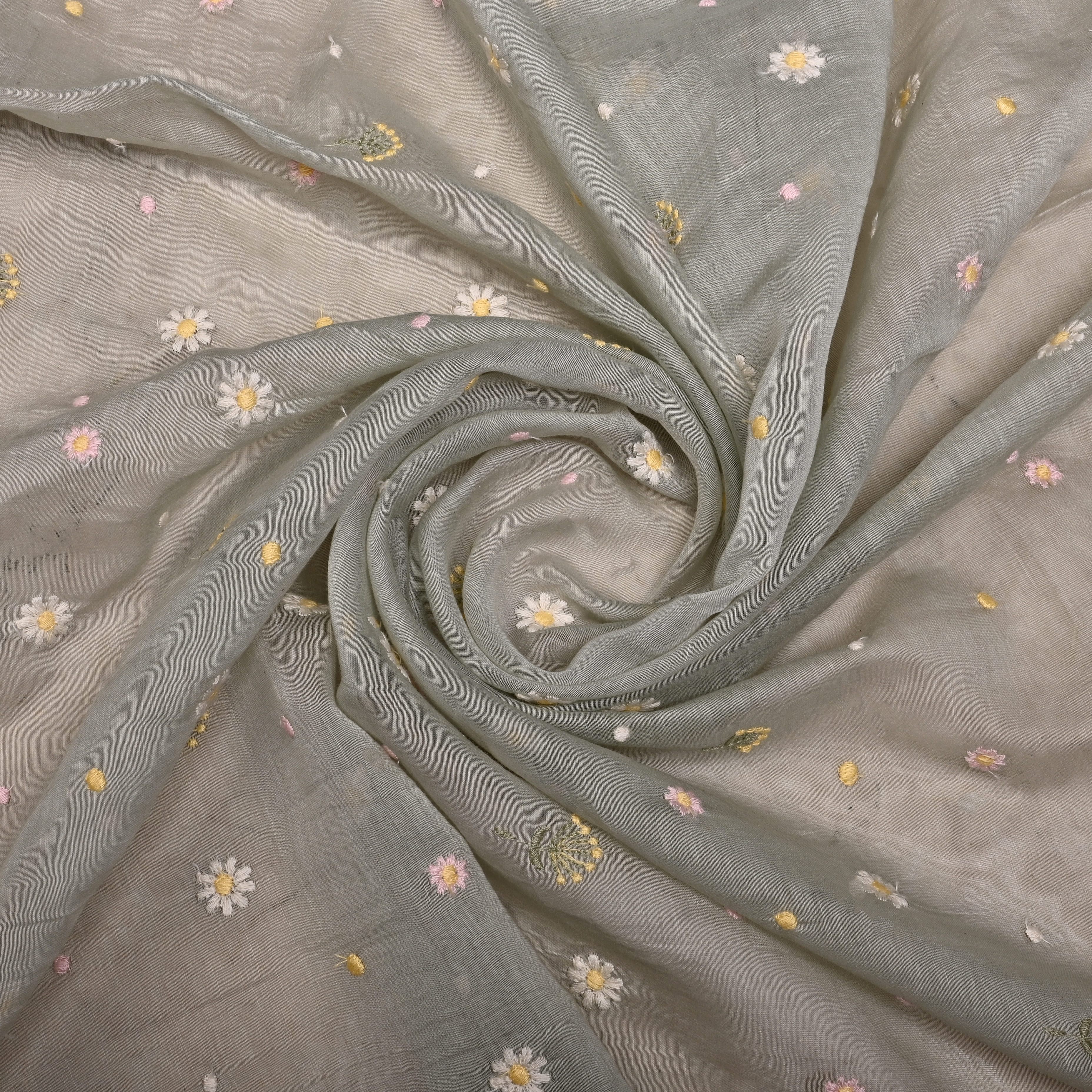 Grey Chanderi Fabric With Embroidery Butti'S