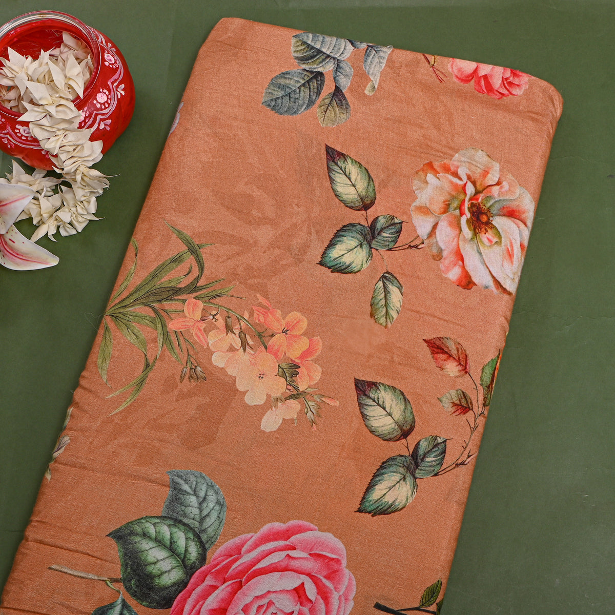 Terracotta Rose Bouquet Print Satin Fabric