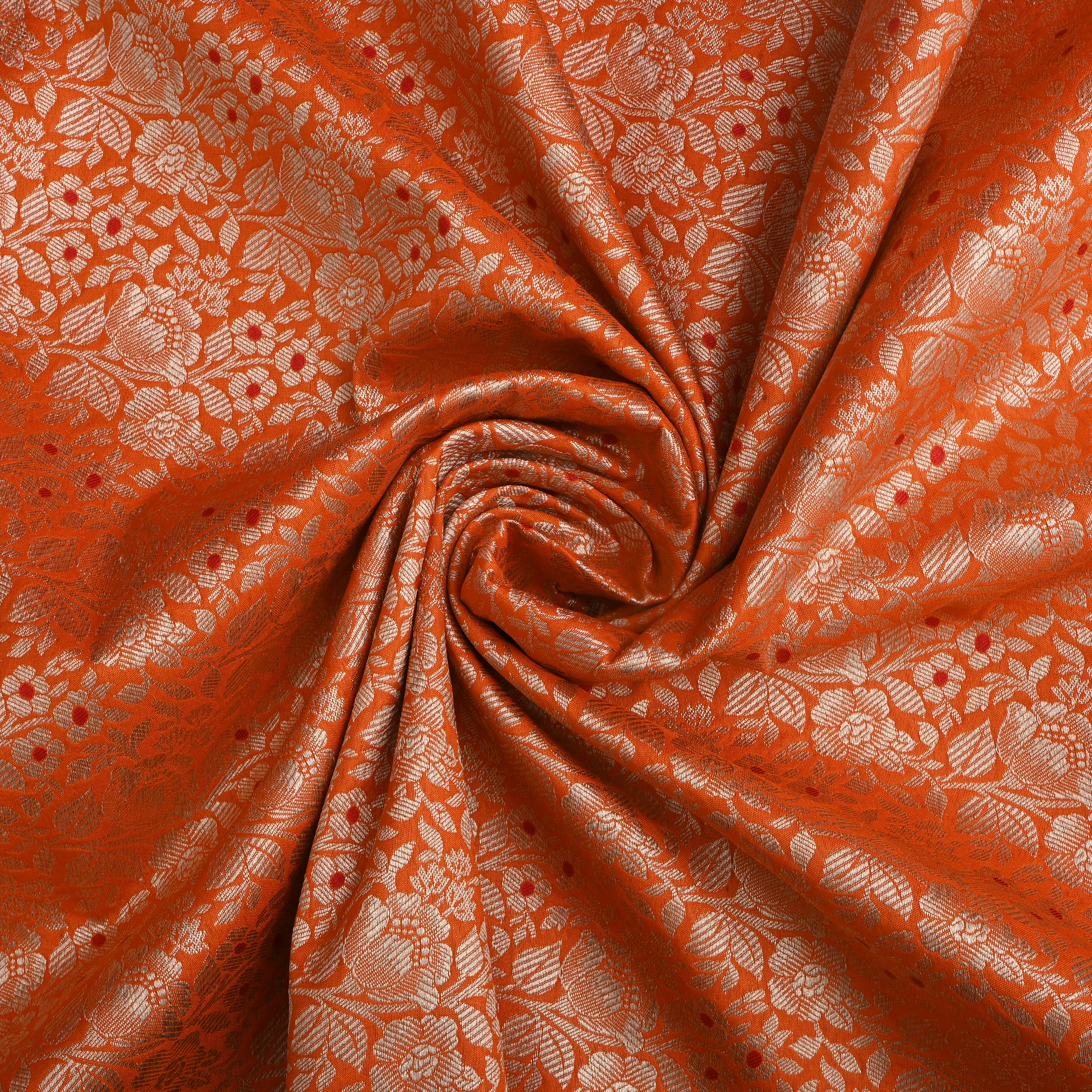 Golden Orange Floral Zari Silk Fabric