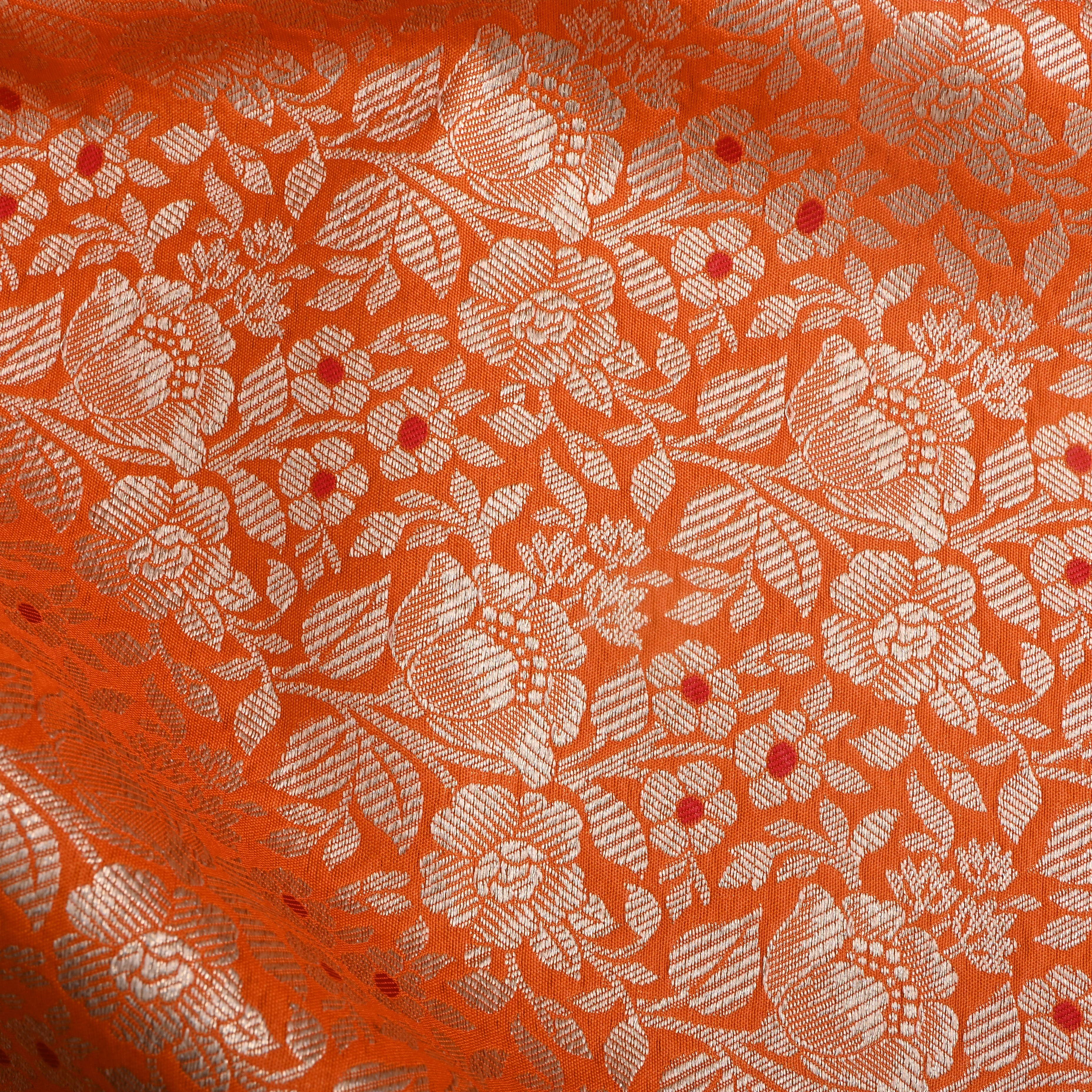 Golden Orange Floral Zari Silk Fabric