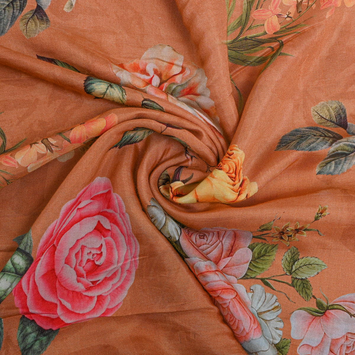 Terracotta Rose Bouquet Print Satin Fabric