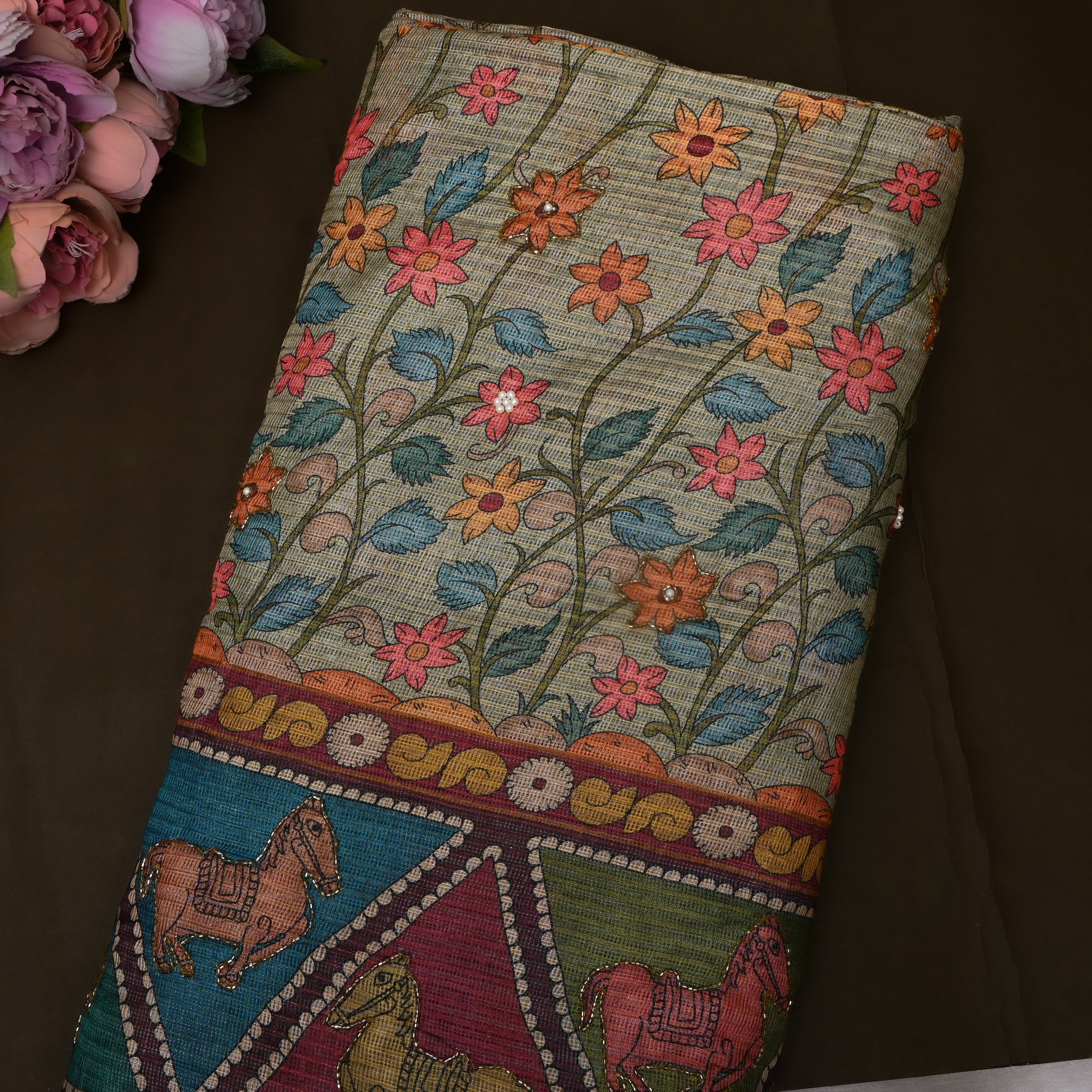 Sage Green Floral Vine Kota Embroidery Fabric