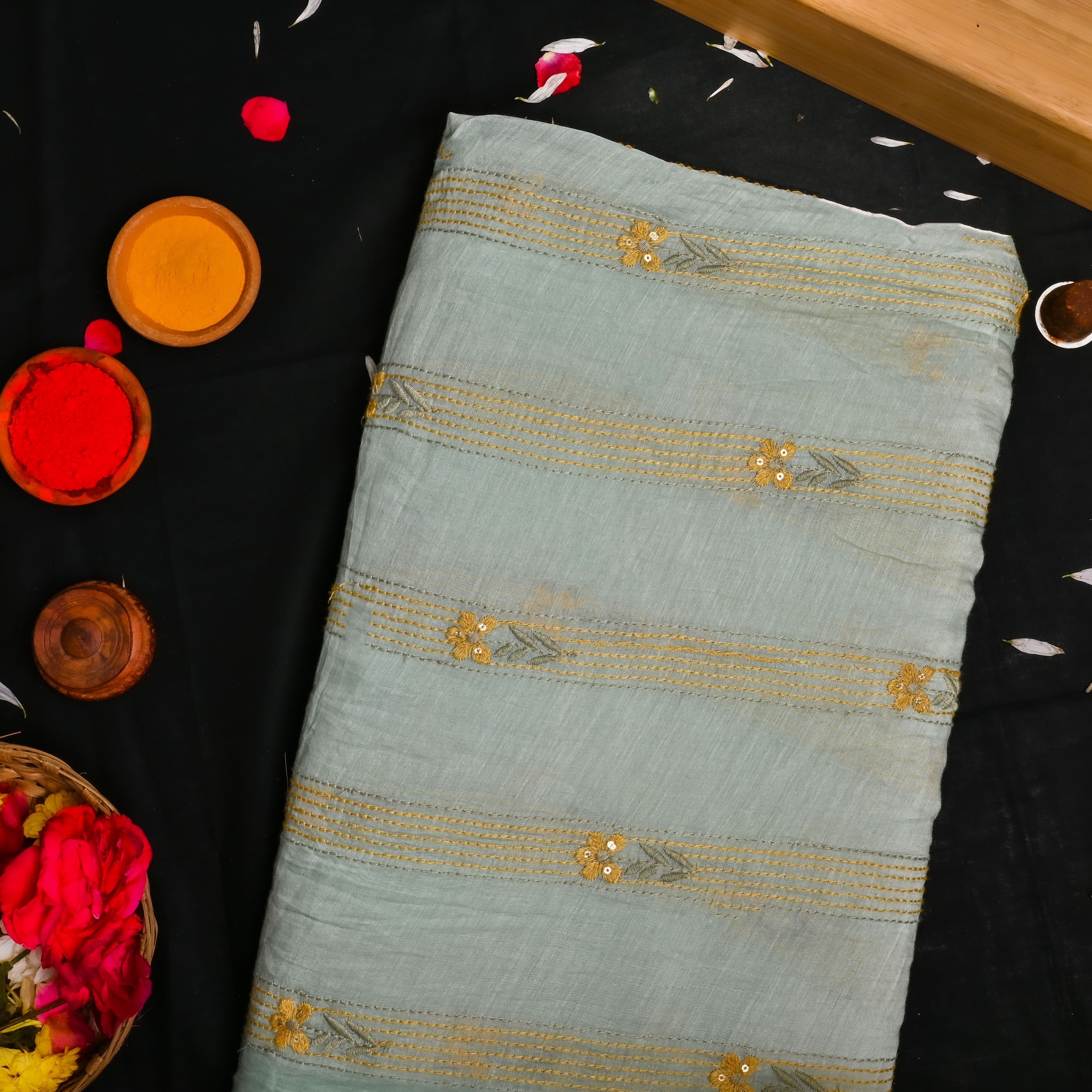 Very Light Green Chanderi Fabric With Thread Embroidery