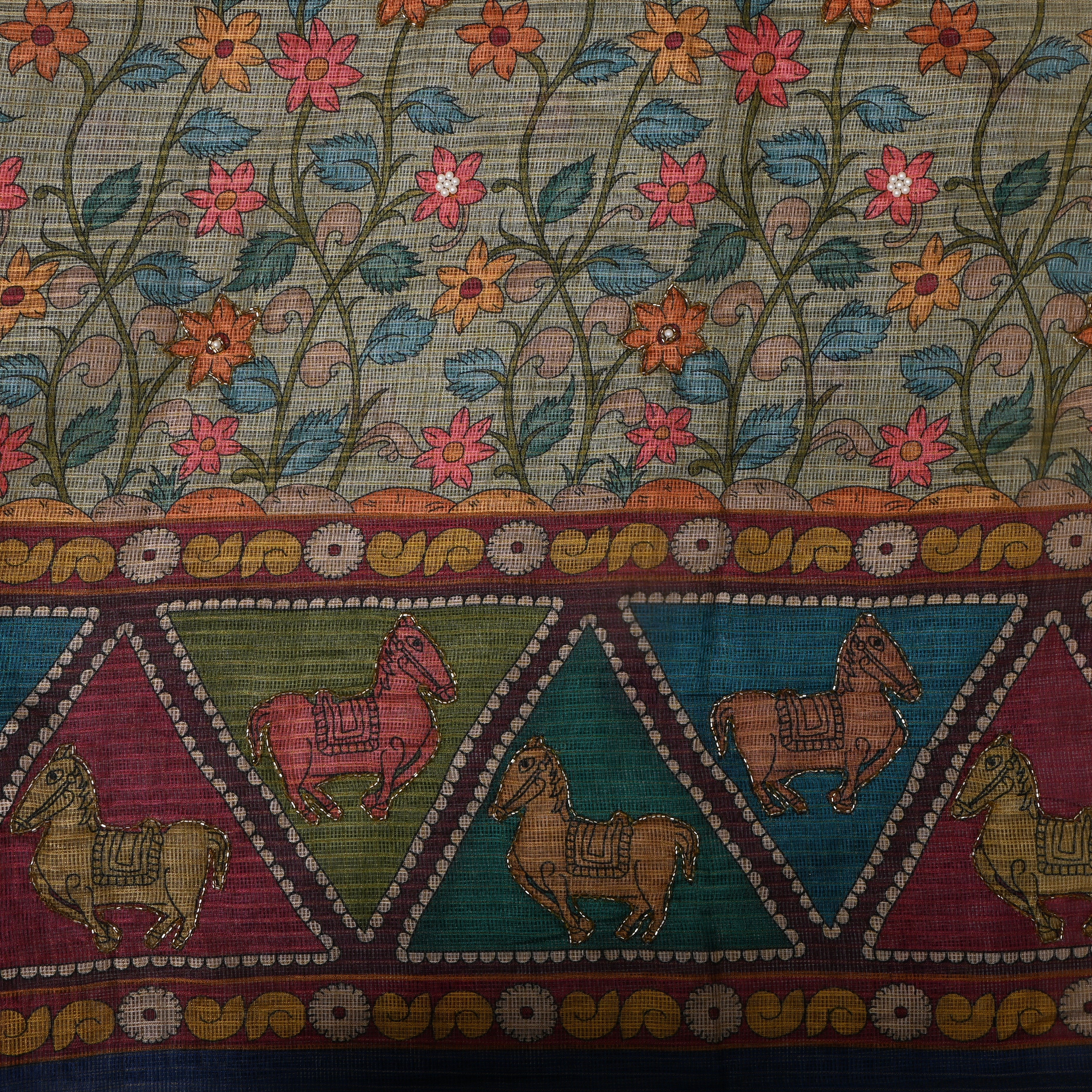 Sage Green Floral Vine Kota Embroidery Fabric