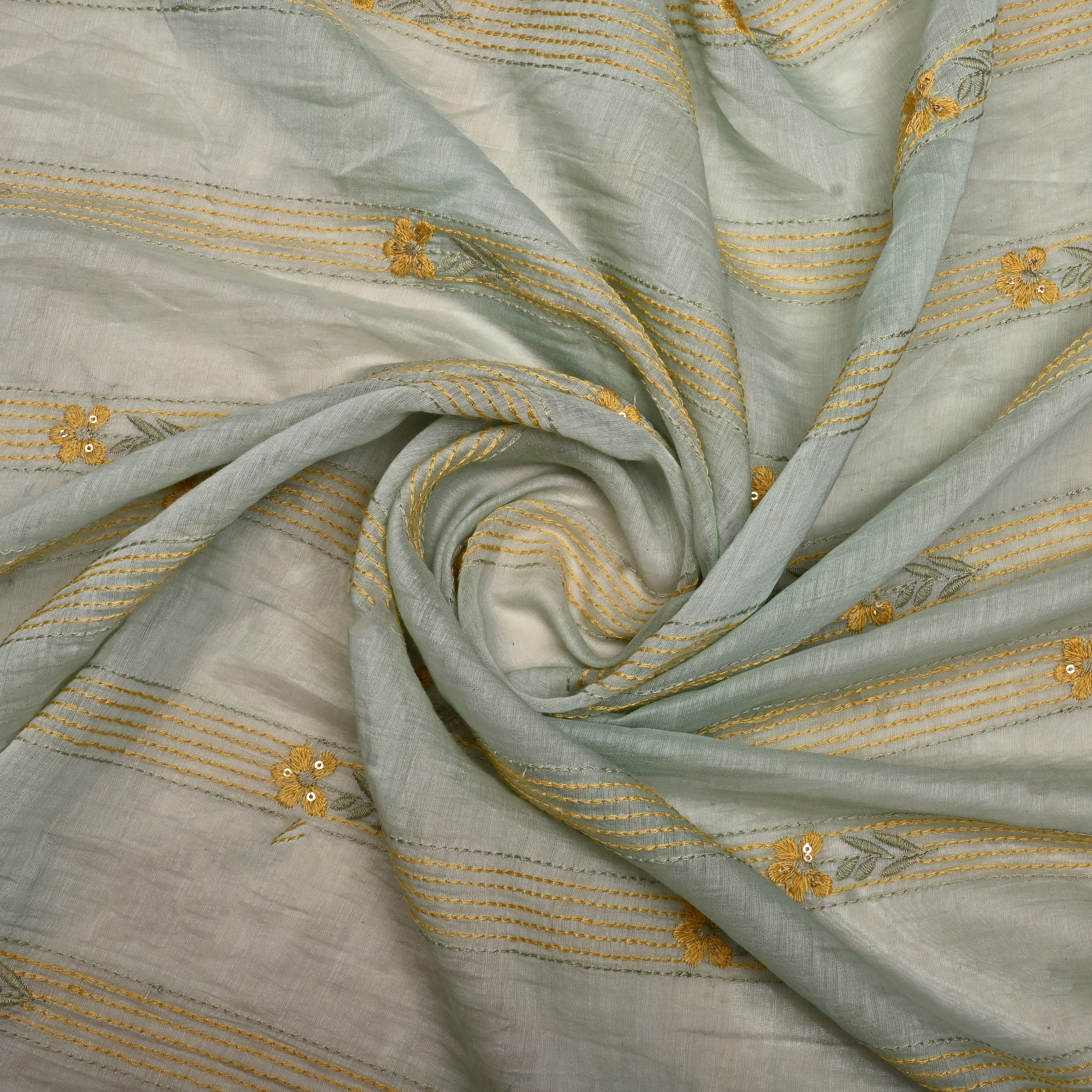 Very Light Green Chanderi Fabric With Thread Embroidery