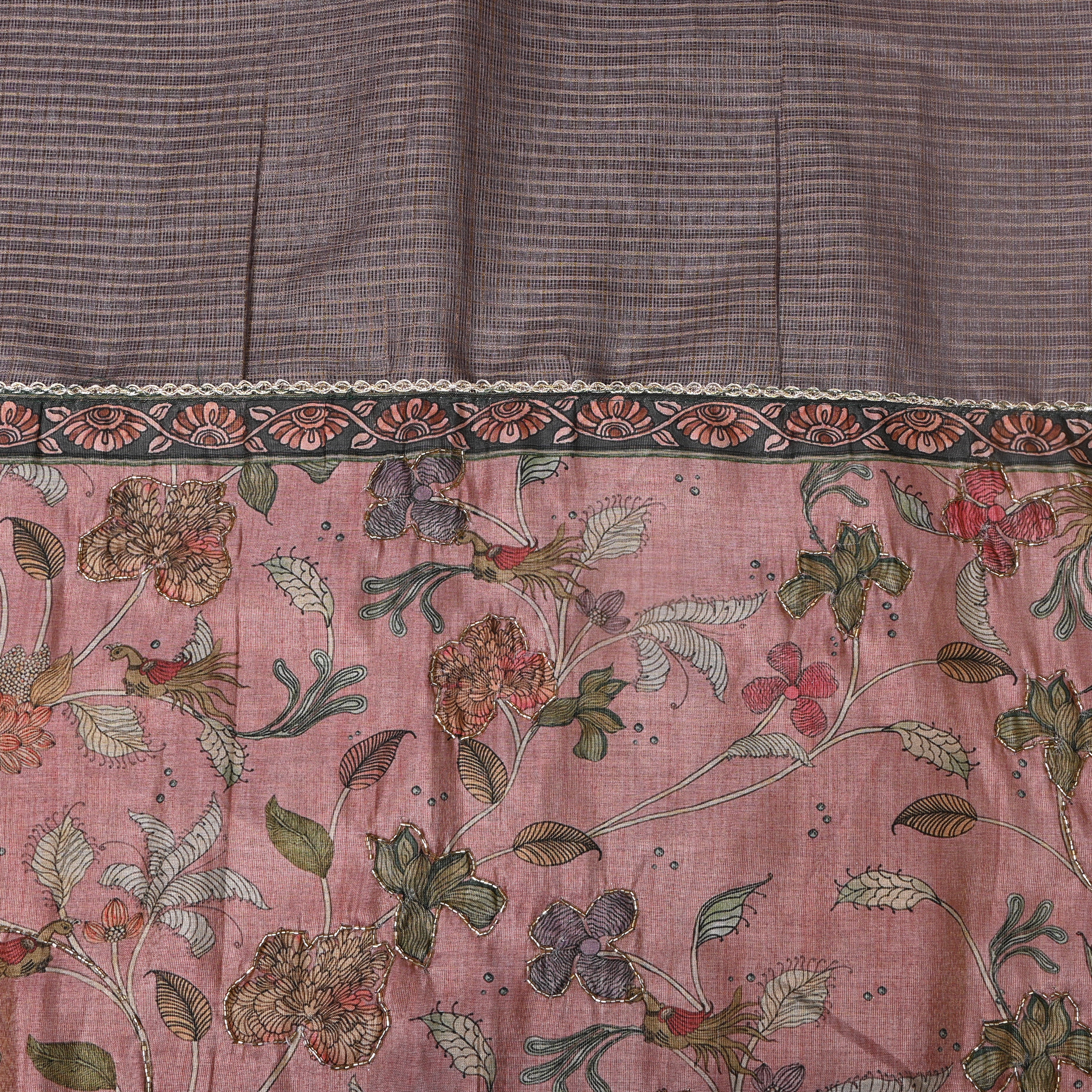 Mauve Printed Silk With Floral Kalamkari And Beadwork Border