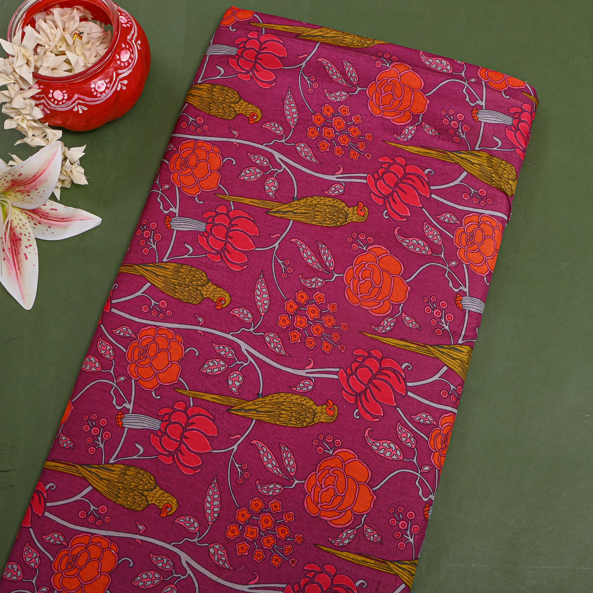 Mulberry Parrot Rose Print Silk Fabric