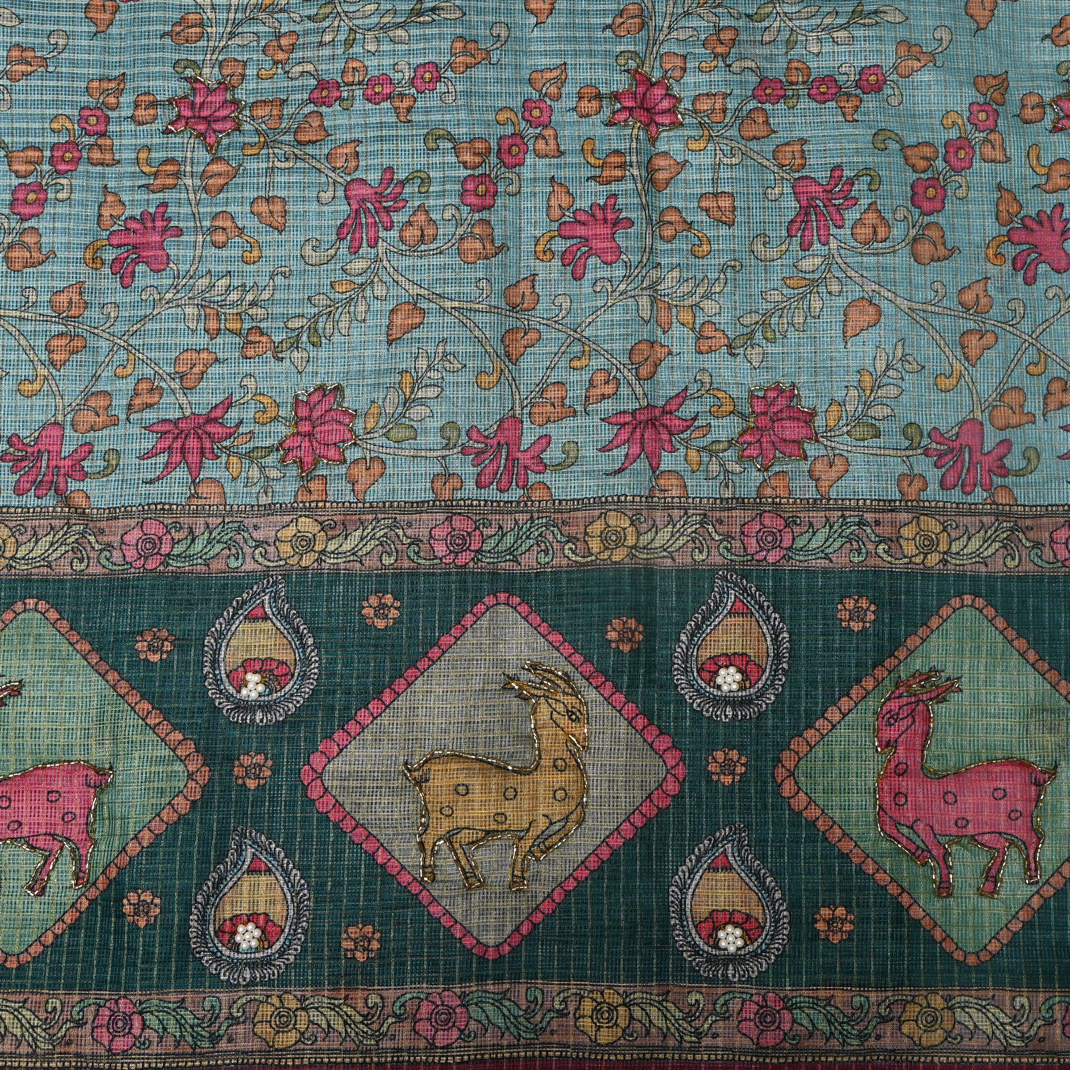 Powder Blue Floral Kalamkari Kota Embroidery Fabric