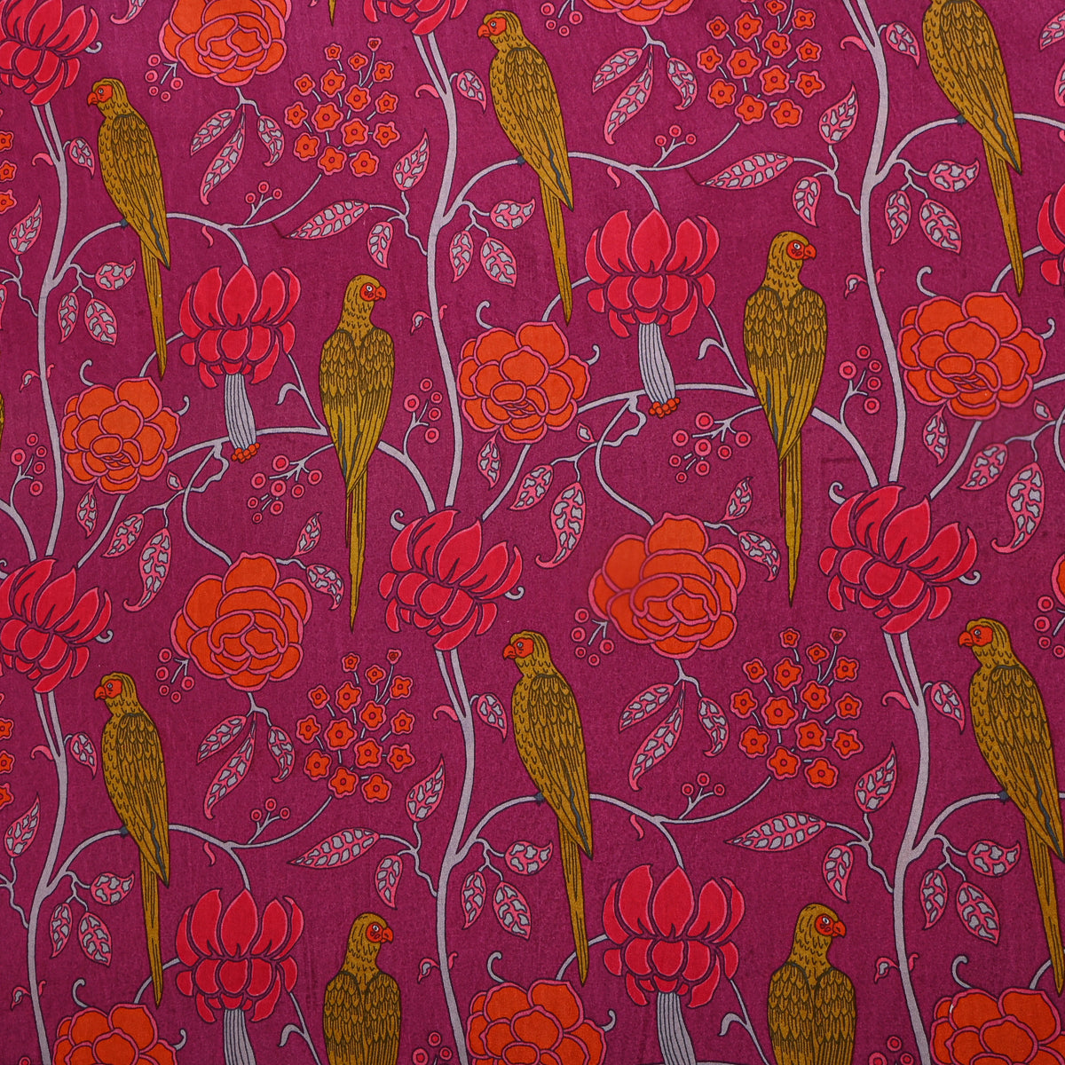 Mulberry Parrot Rose Print Silk Fabric