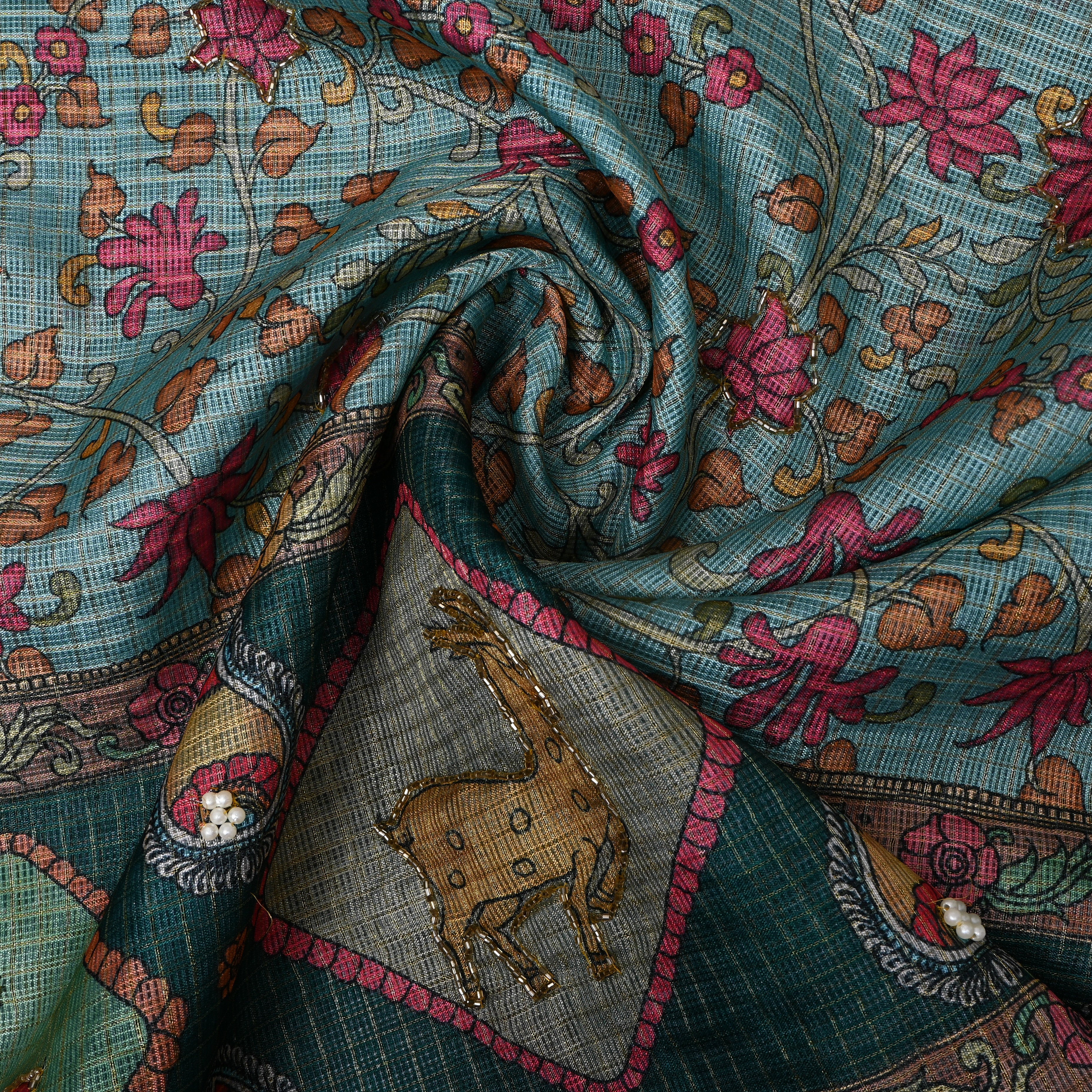 Powder Blue Floral Kalamkari Kota Embroidery Fabric