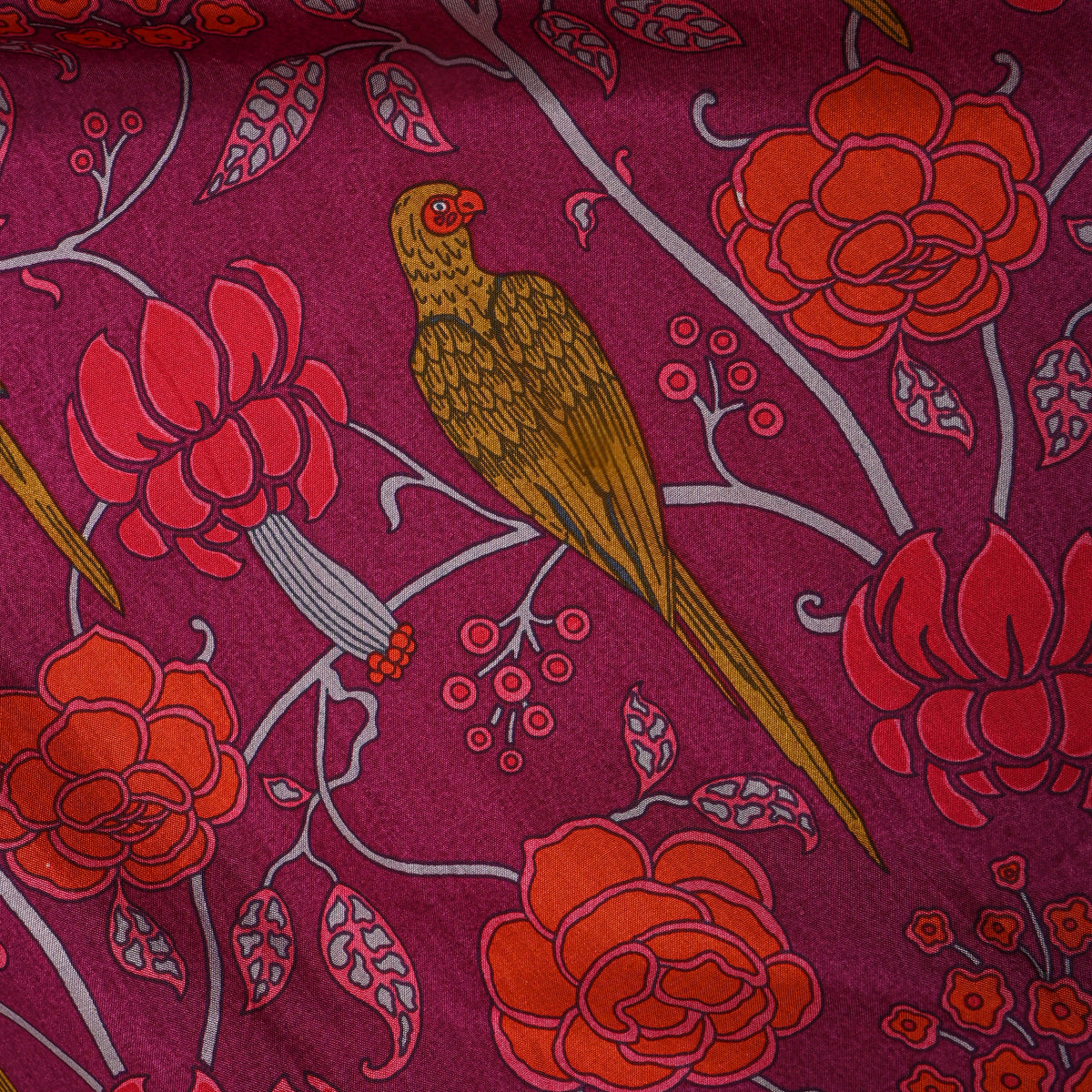 Mulberry Parrot Rose Print Silk Fabric