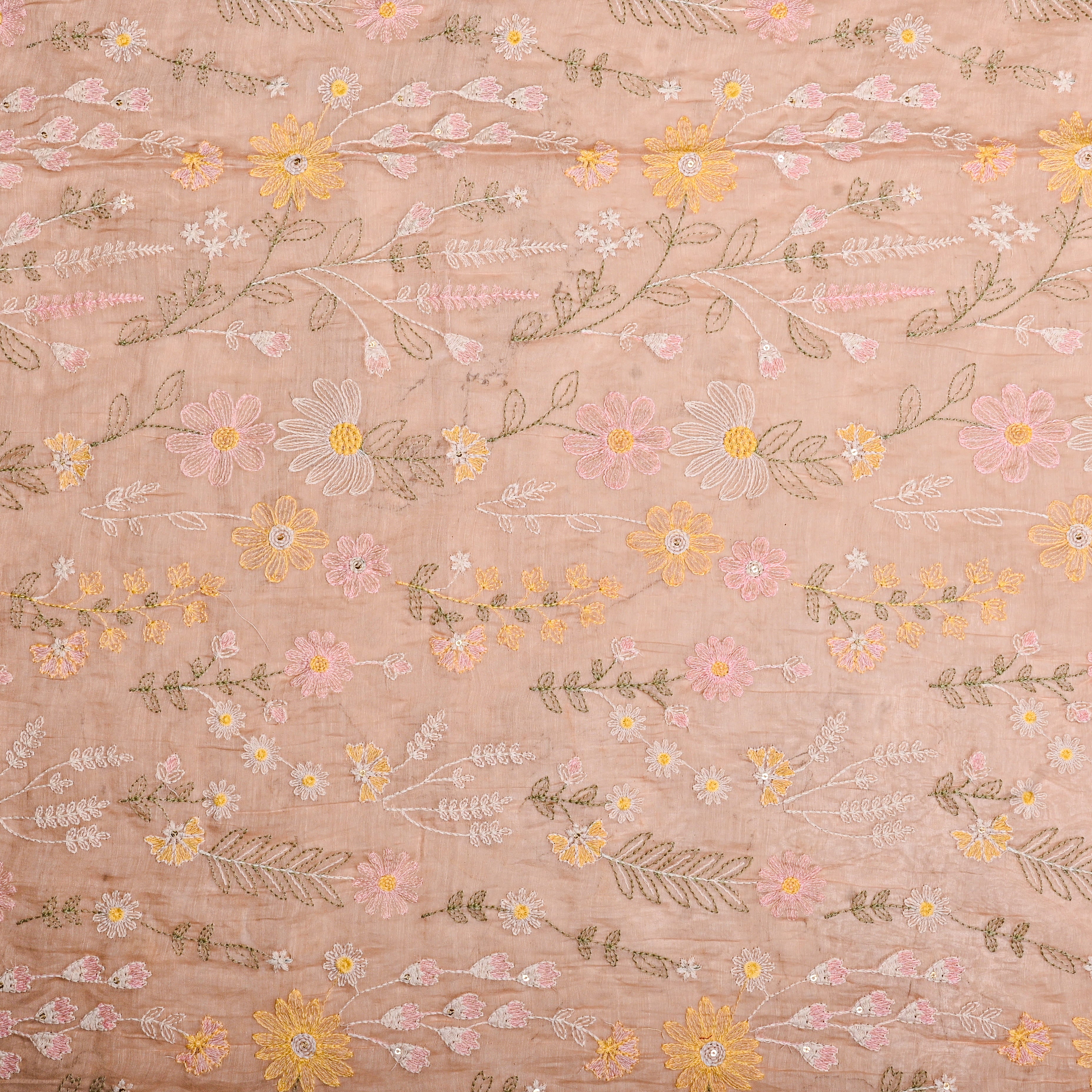 Pastel Peach Chanderi Fabric With Thread Embroidery