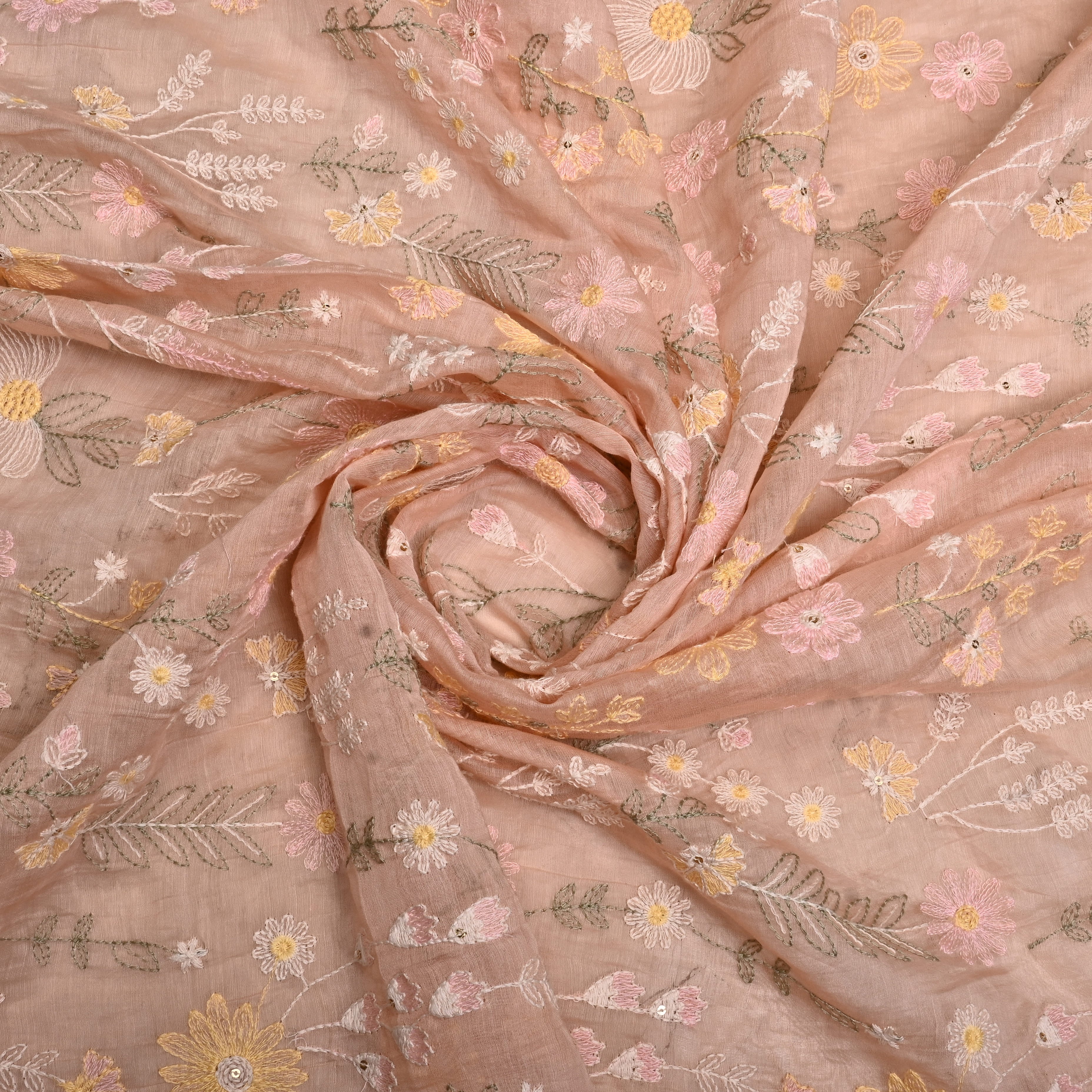 Pastel Peach Chanderi Fabric With Thread Embroidery