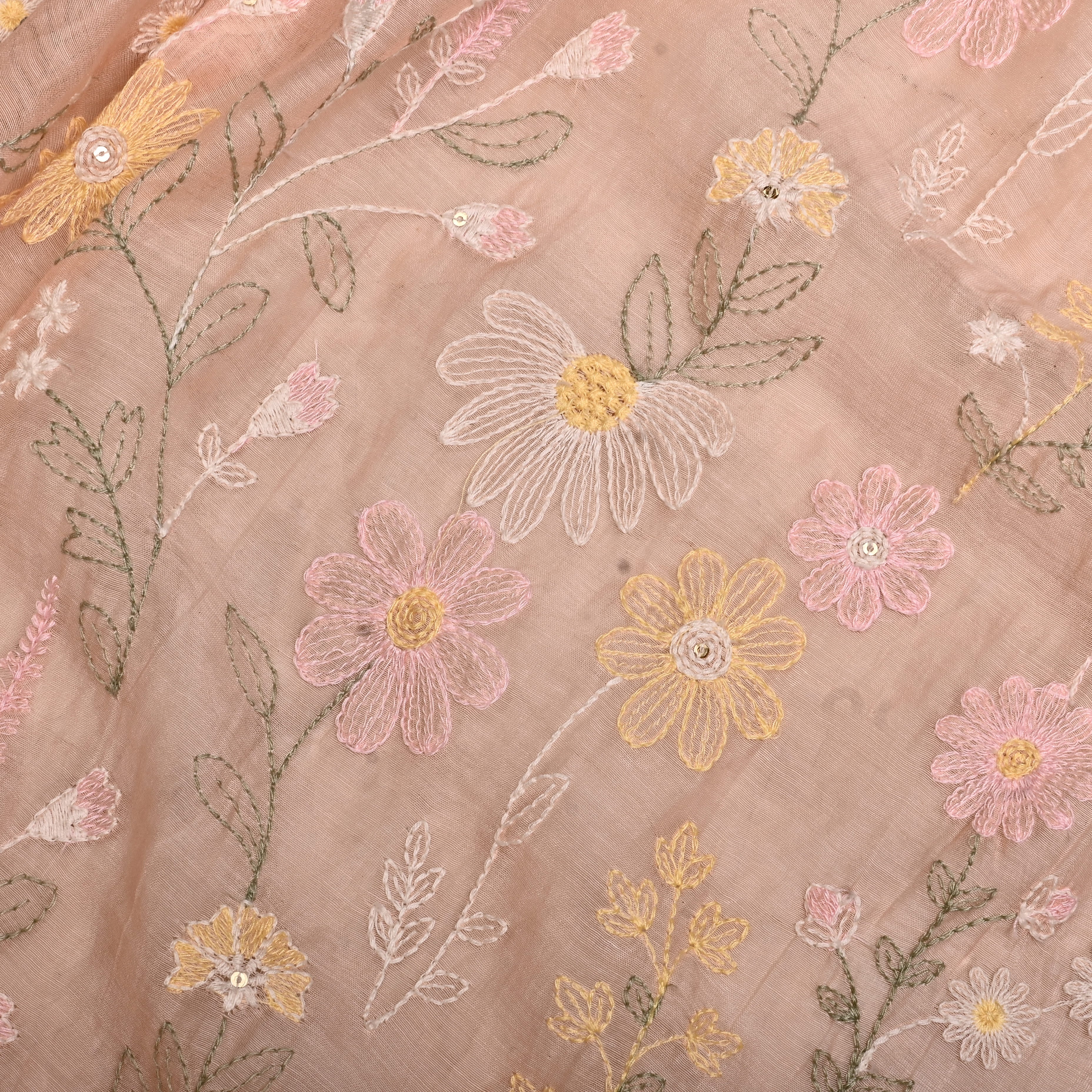 Pastel Peach Chanderi Fabric With Thread Embroidery