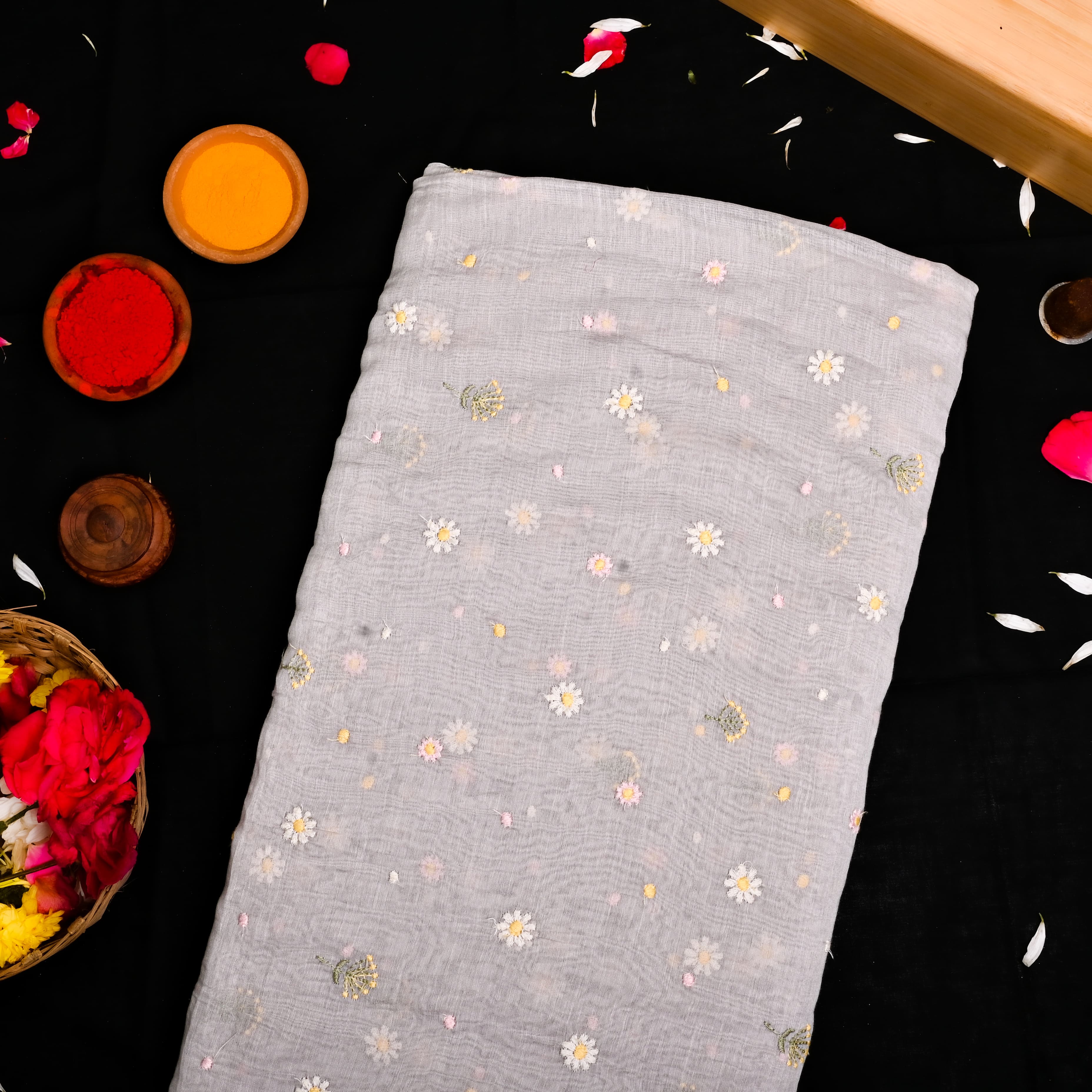 Beer Yellow Silk Fabric With Printed Embroidery