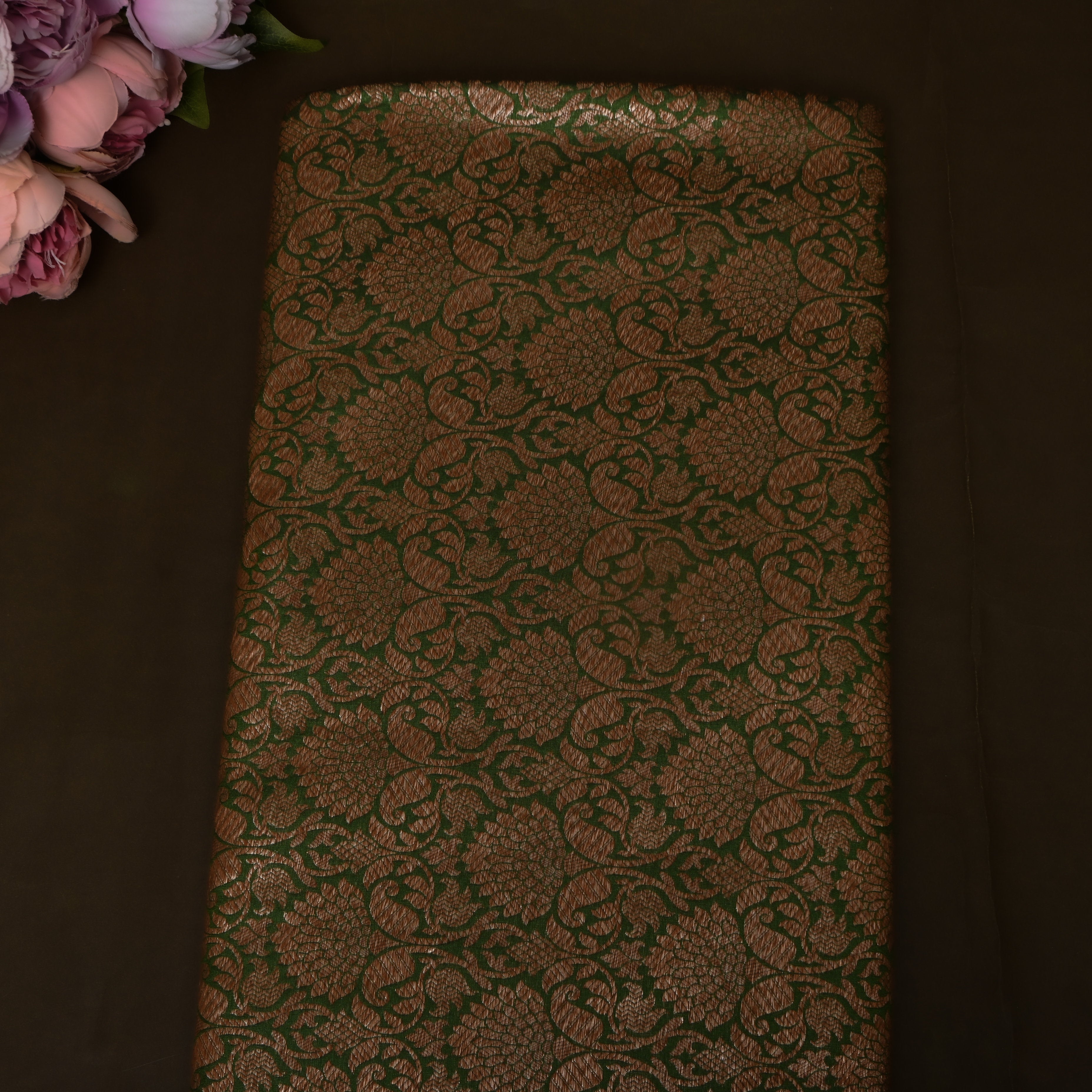 Bottle Green Jamawar Silk With Copper Brocade Lotus Pattern