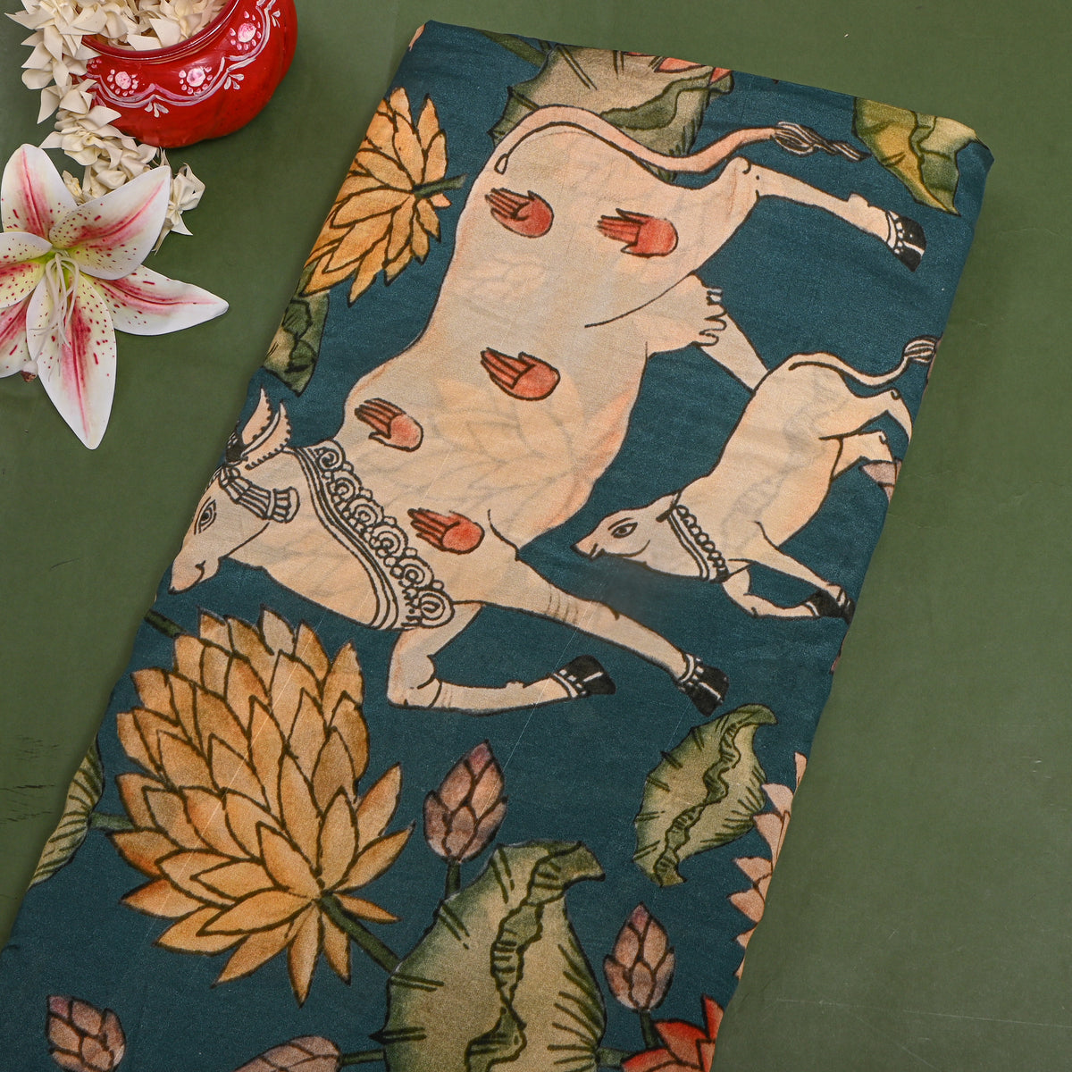 Lagoon Lotus Floral Kalamkari Print Silk Fabric