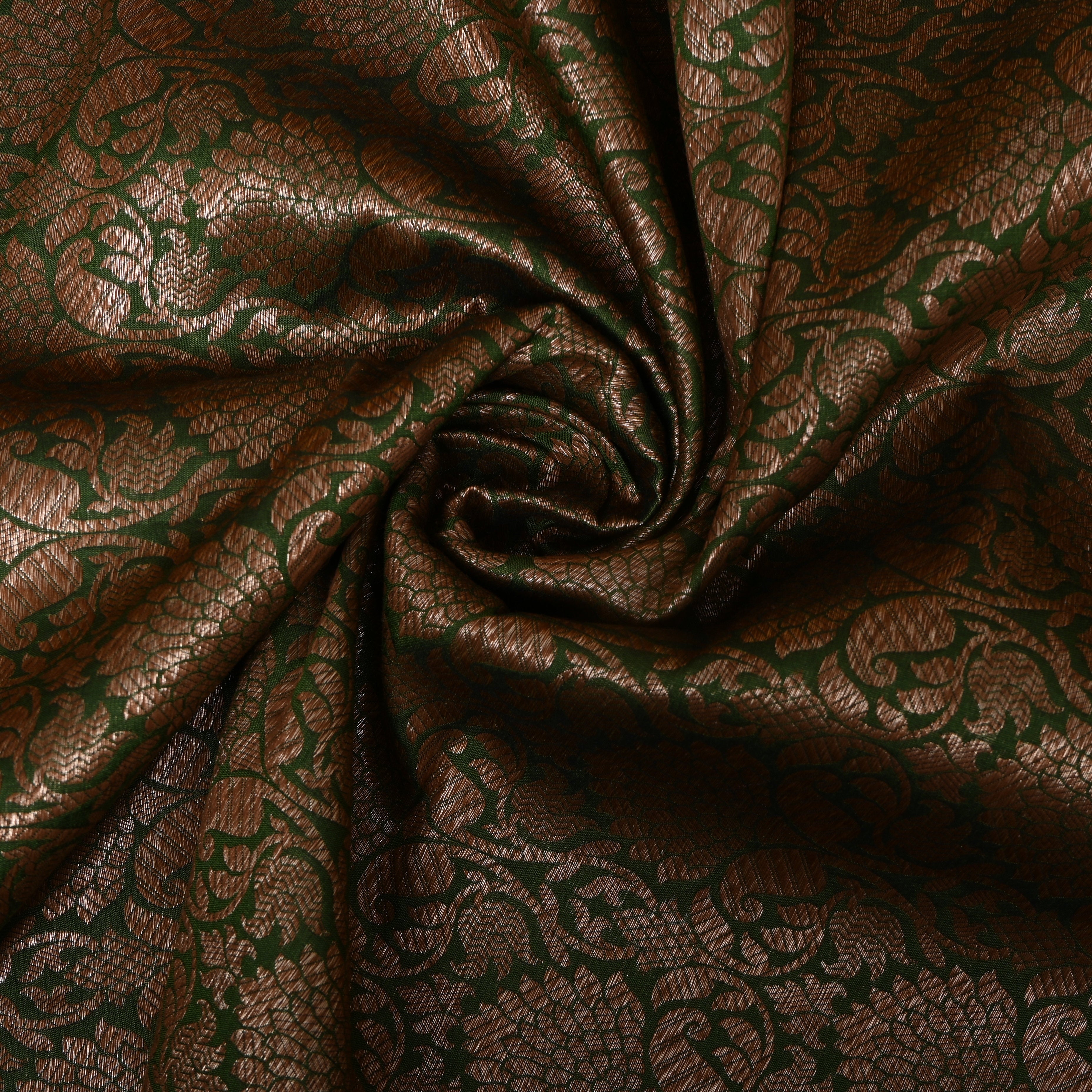 Bottle Green Jamawar Silk With Copper Brocade Lotus Pattern
