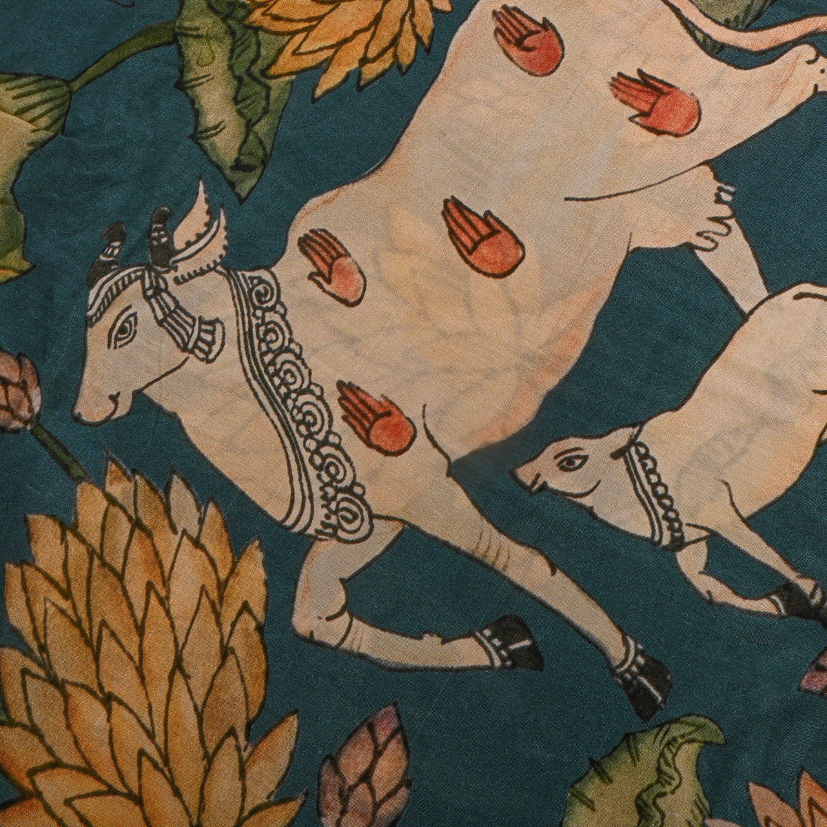 Lagoon Lotus Floral Kalamkari Print Silk Fabric