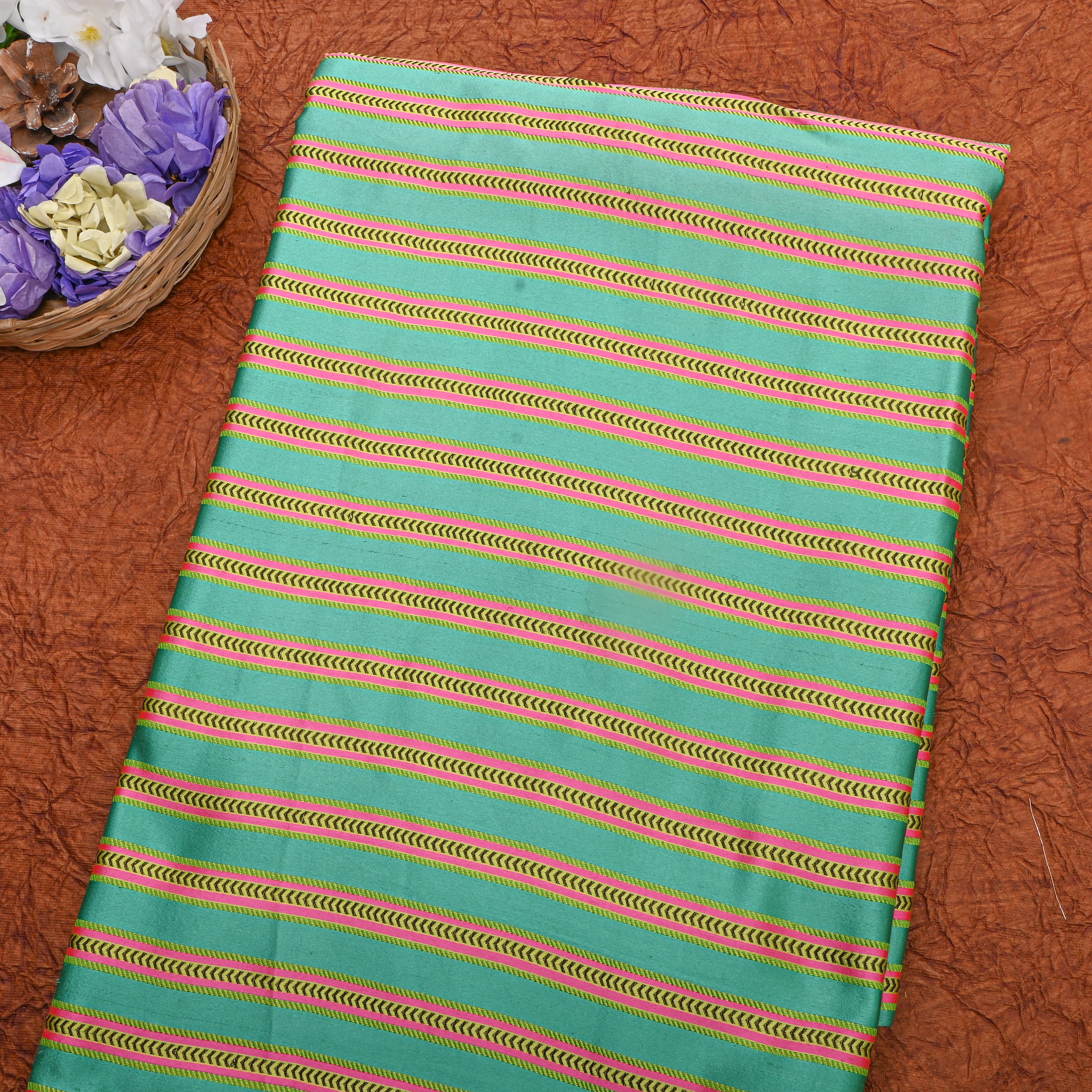 Green Pink Yellow Striped Jamawar Silk Fabric