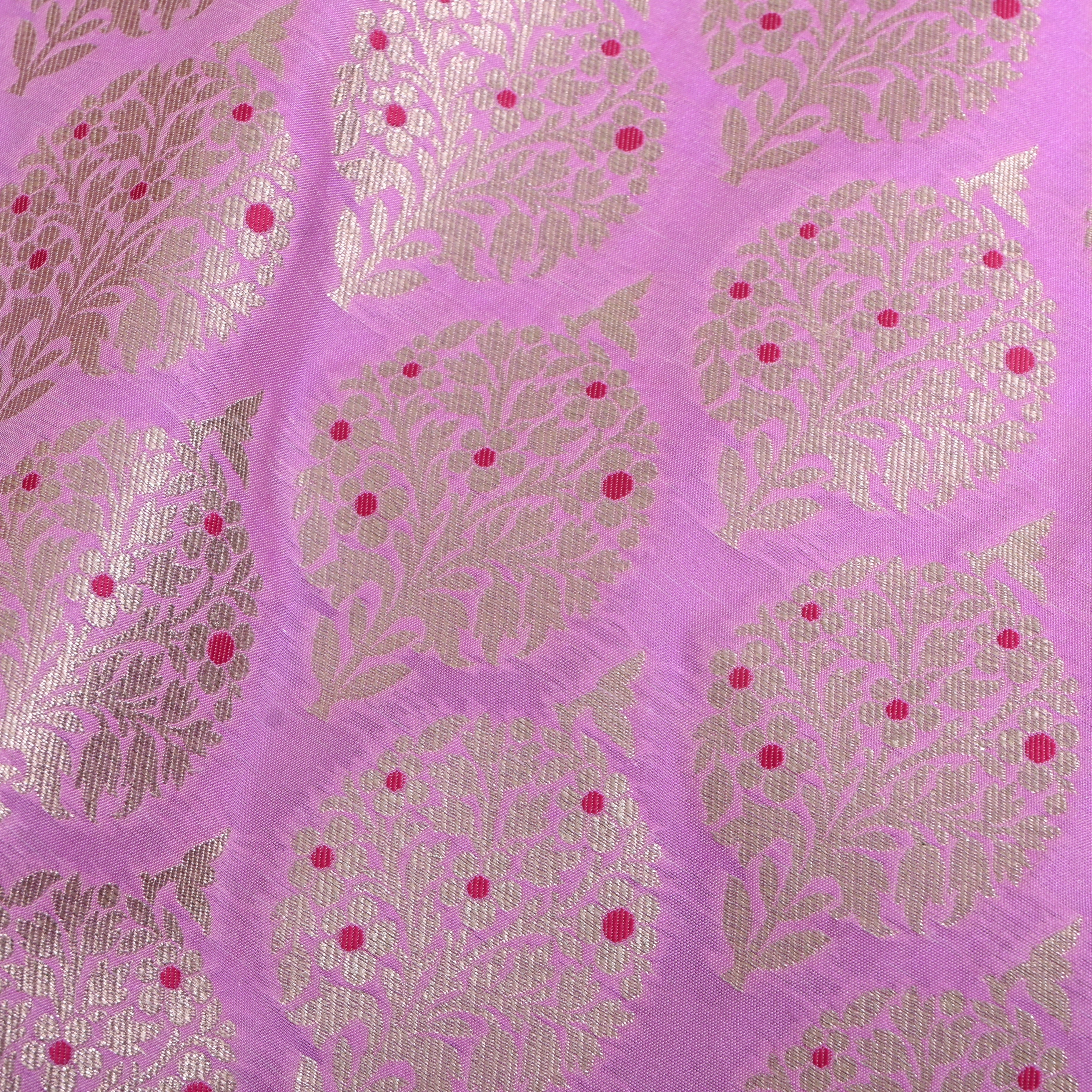 Lilac Pink Golden Motif Parsi Jamawar Fabric