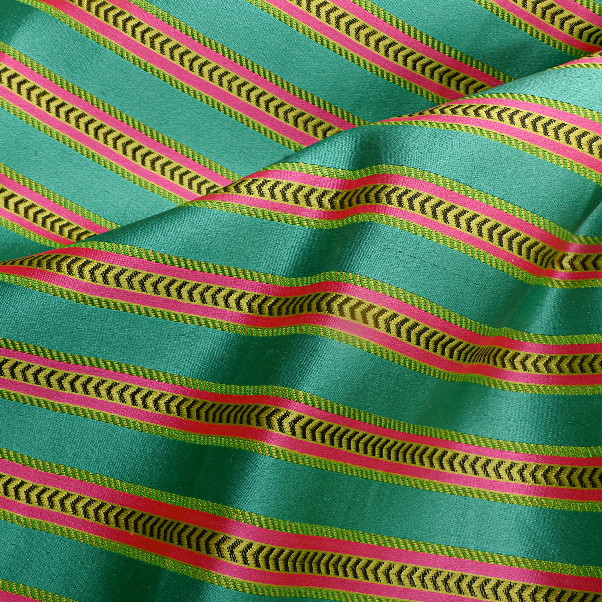 Green Pink Yellow Striped Jamawar Silk Fabric