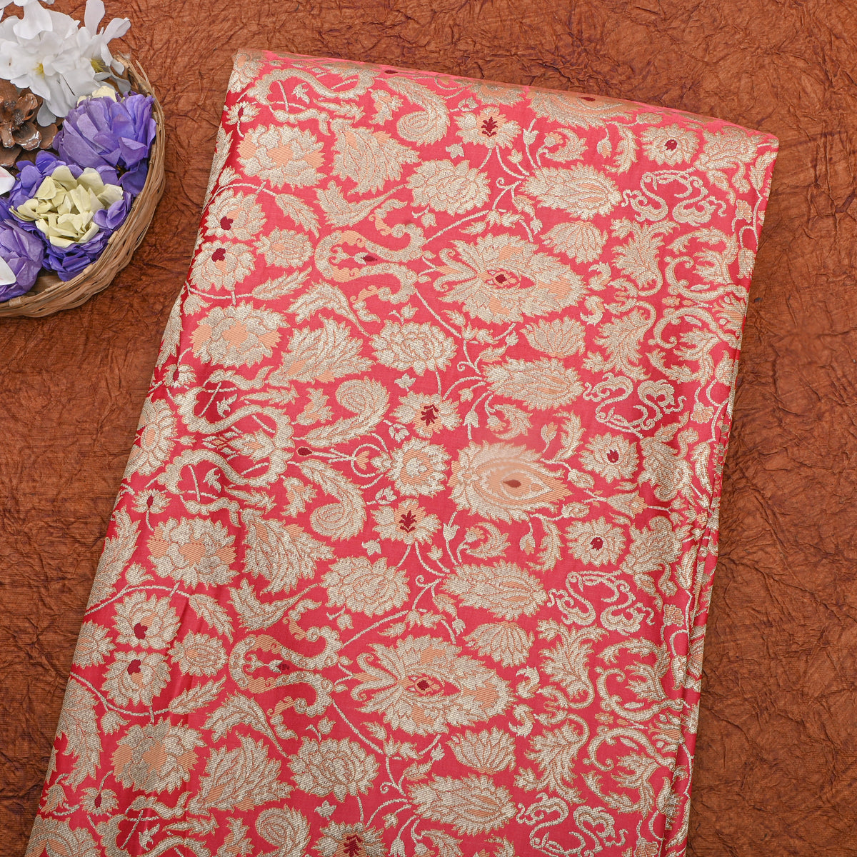Coral Pink Gold Jamawar Floral Silk Fabric