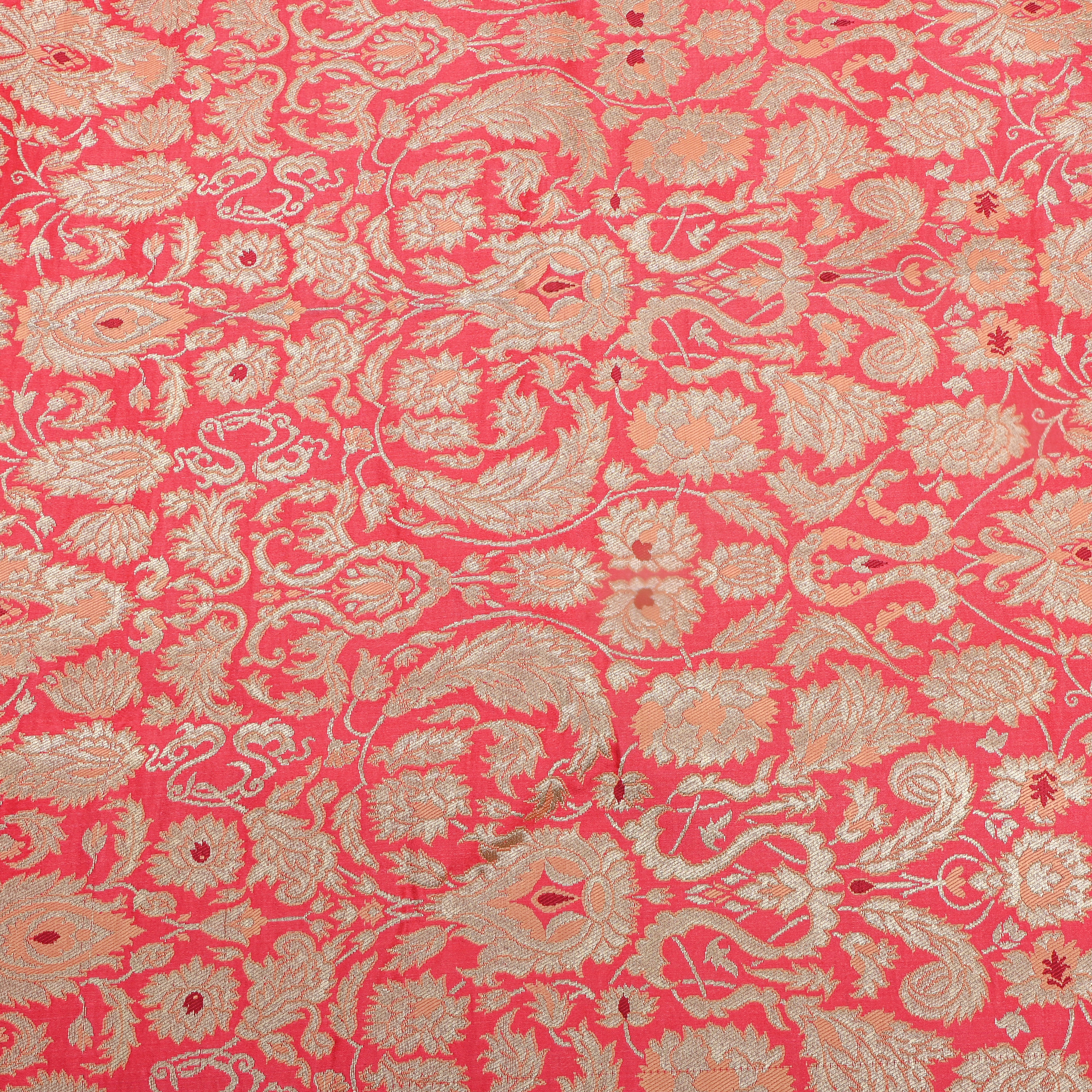 Coral Pink Gold Jamawar Floral Silk Fabric